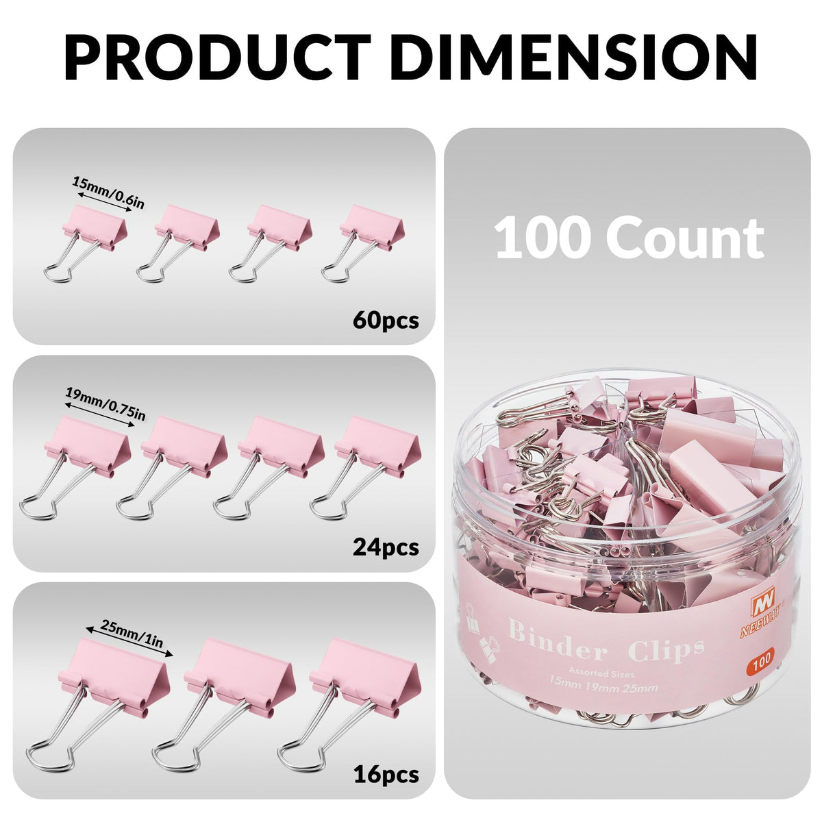 NEEWAY 100 Count Binder Clips Assorted Sizes, Paper Binder Clips (0.6inch 0.75inch 1inch), Metal