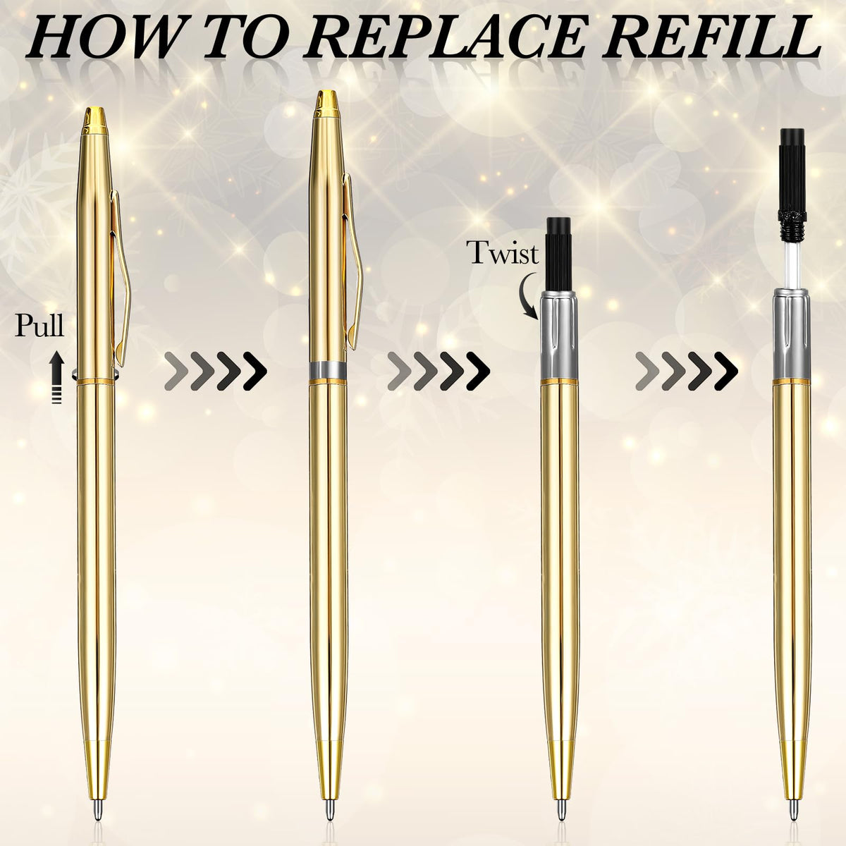 Fuutreo 25 Pack Gold Pens Bulk Metal Slim Ballpoint Retractable Black Ink