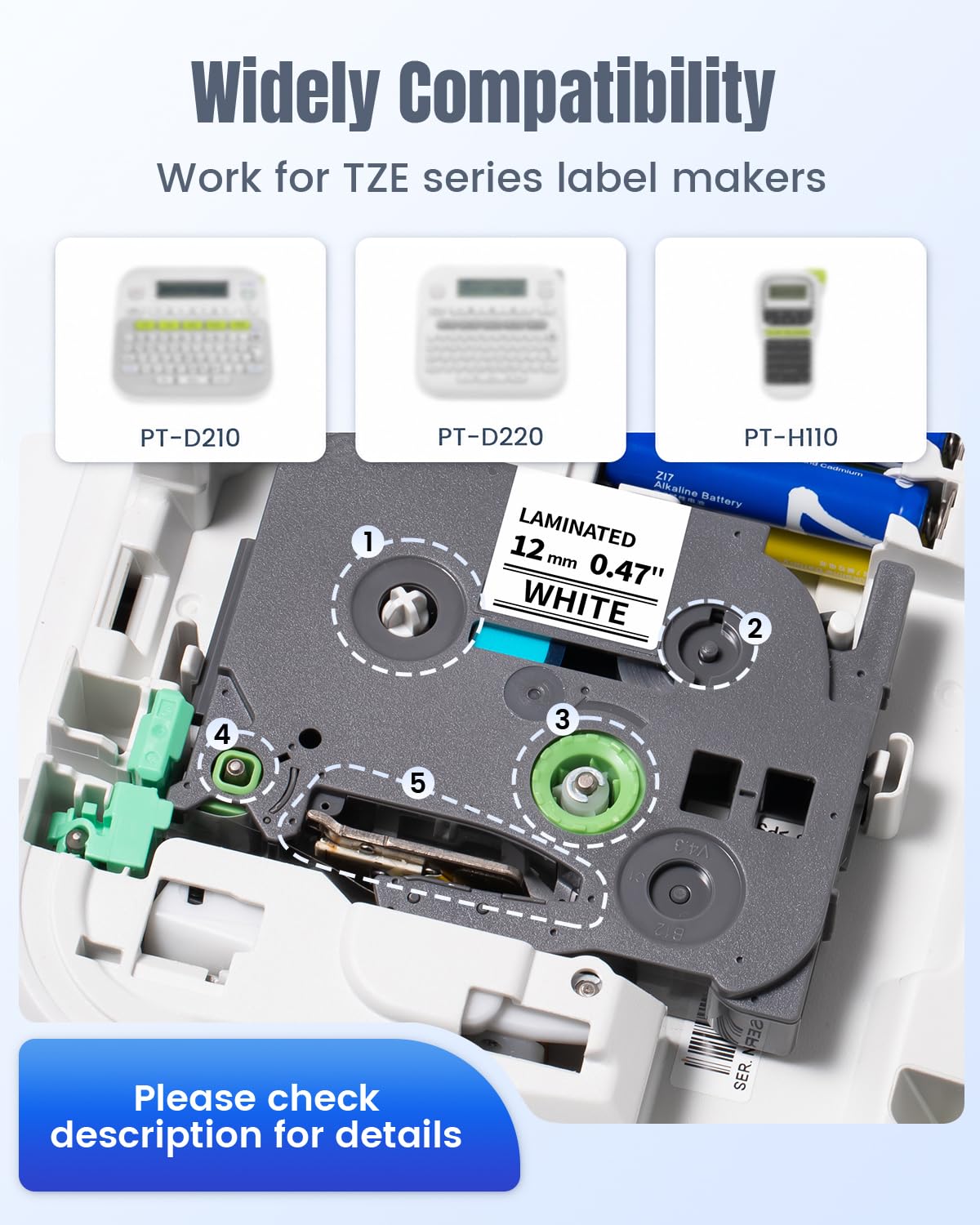 TZe 12mm 0.47 Laminated White Tape Compatible with Brother P Touch Label