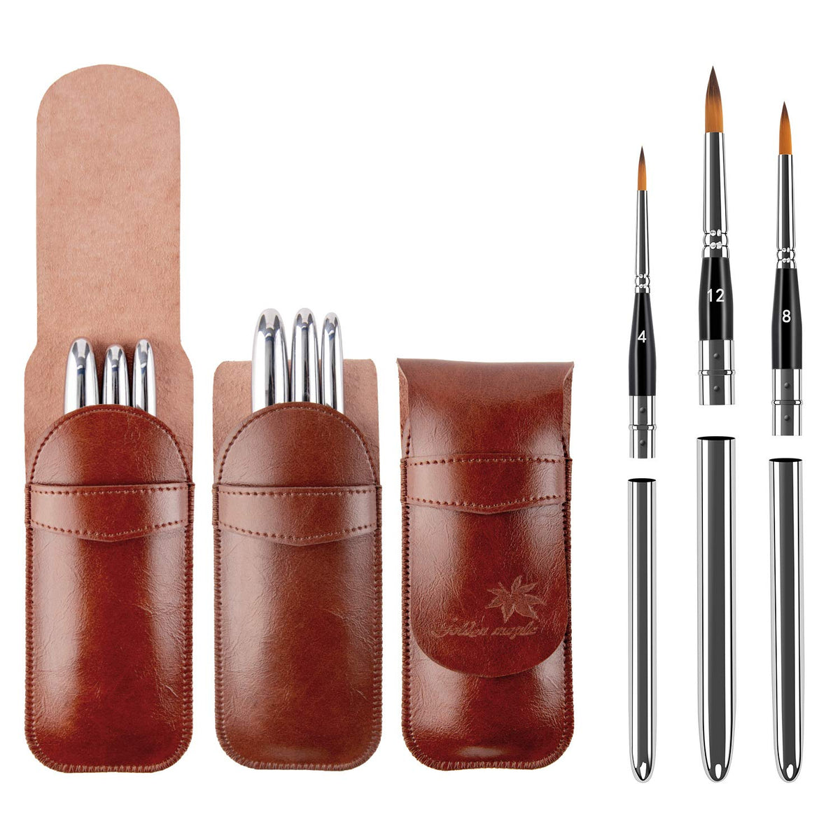 Travel Watercolor Brushes, Golden Maple 3pcs Watercolor Travel Brushes with Leather Pouch - Pointed