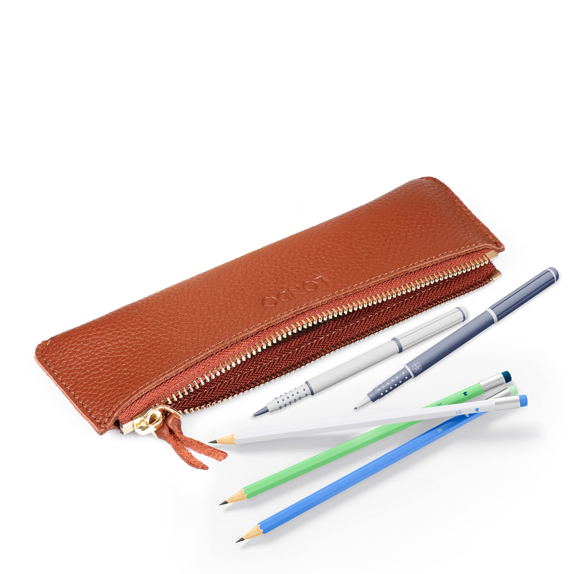 Londo Genuine Leather Pen Case with Zipper Closure, Pencil Pouch Stationery Bag