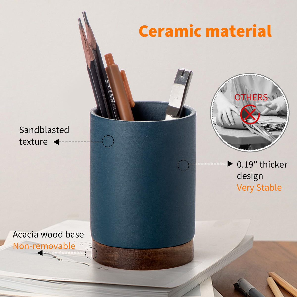 Officepal Ceramic Pen Holder for Desk, Pencil Cup, (Royal Blue, Set / 2)