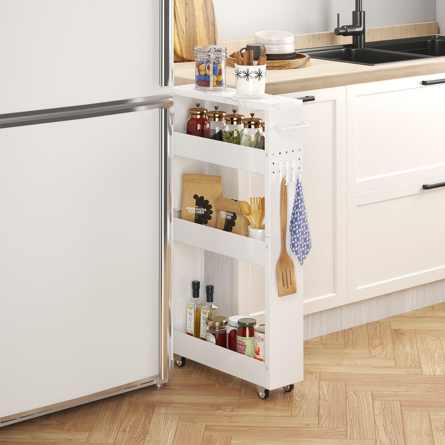 XYZLVSI Slim Storage Cart, 4 Tier Narrow Kitchen Rolling Cart with Wheels