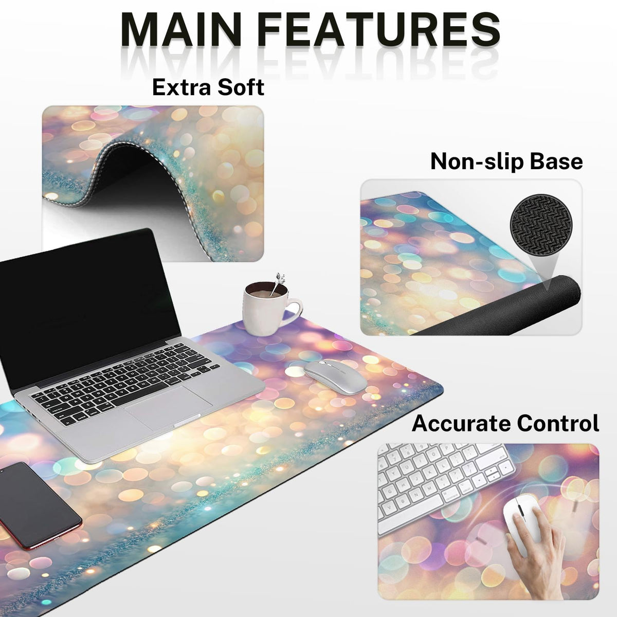 Britimes Keyboard Mouse Pad Set, 4 in 1 Desk Mat Set, Pink Blue Glitter