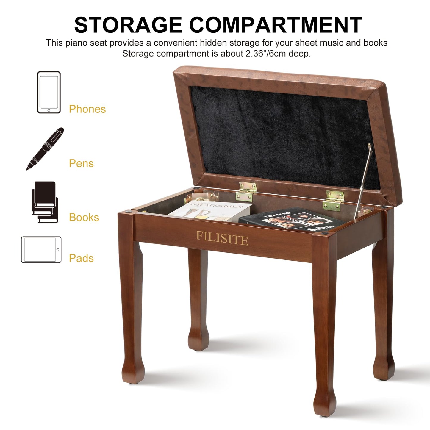FILISITE Wooden Piano Bench with Storage, Piano Stool with Waterproof Padded Cushion, Bench Seat