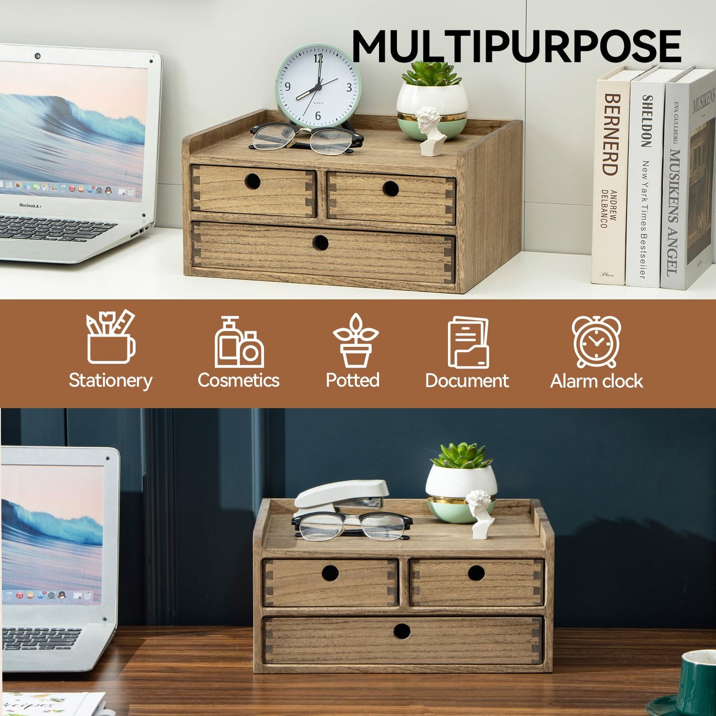 KIRIGEN Wooden Desk Organizer with 3 Drawers and Top Shelf Brown DT2D3C-DBR