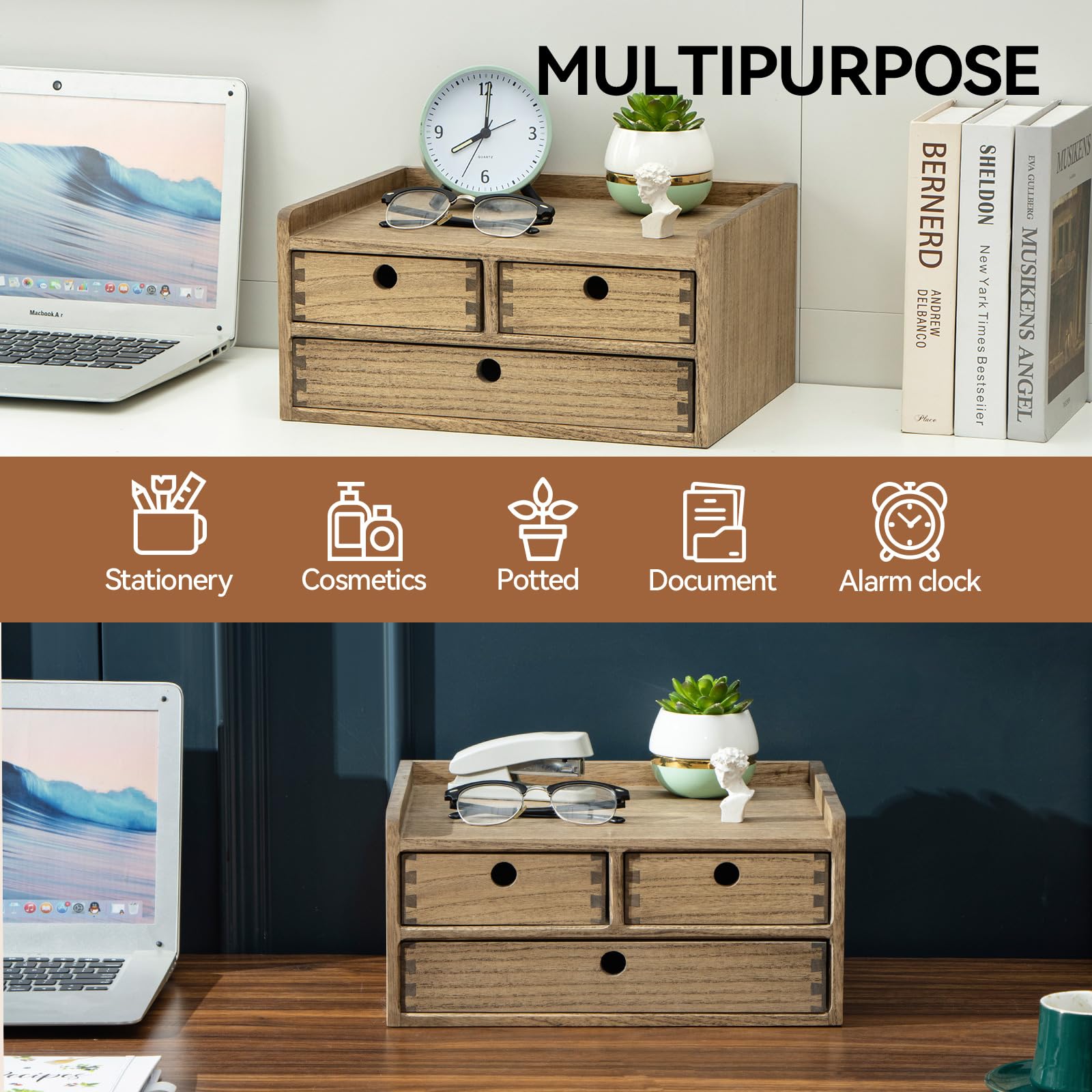 KIRIGEN Wooden Desk Organizer with 3 Drawers and Top Shelf Brown DT2D3C-DBR