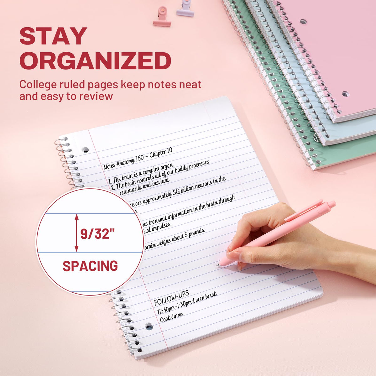 SUNEE Spiral Notebooks, 3 Pack, 1-Subject, College Ruled Paper, 8" x 10-1/2", 70 Sheets per