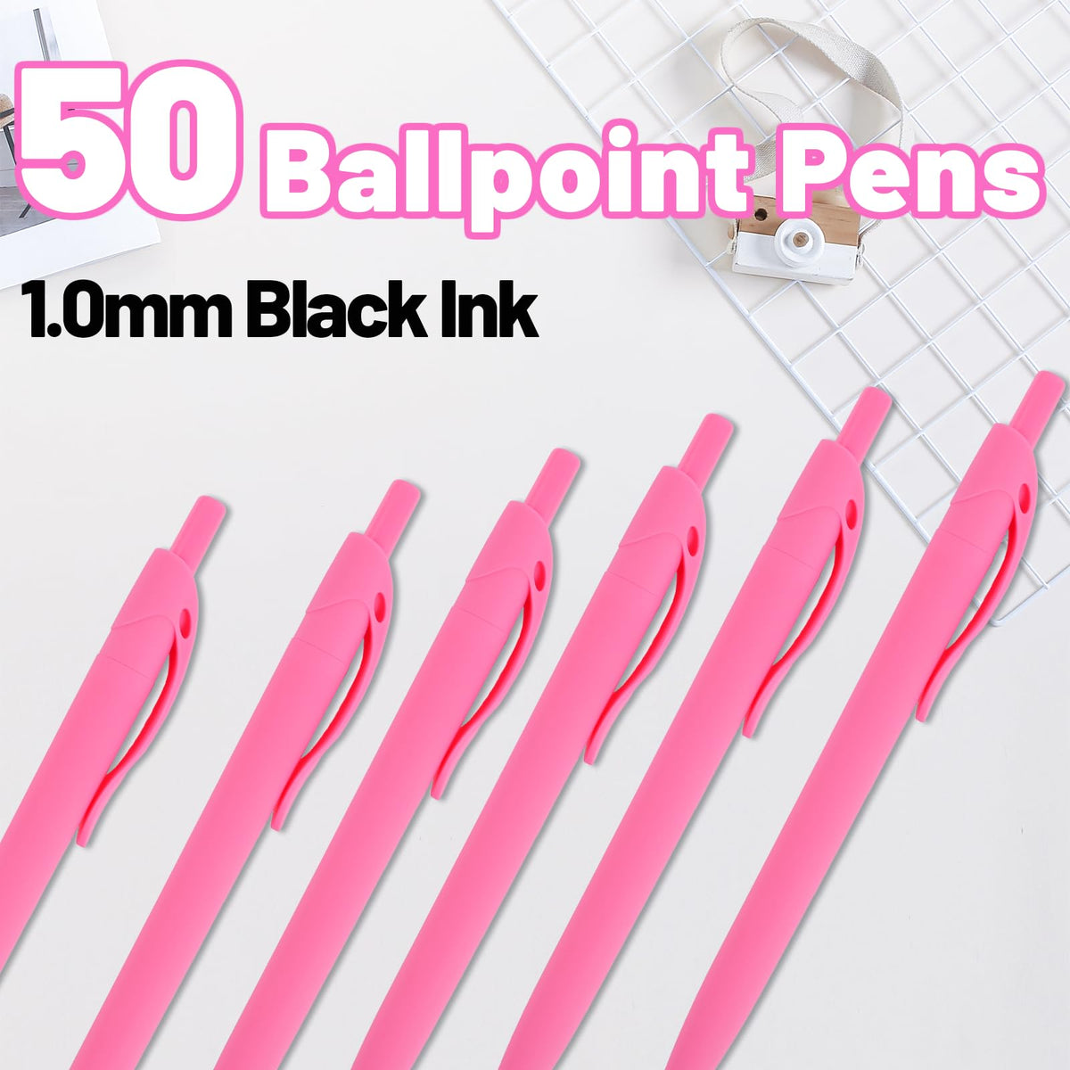 Wiaziert BallPoint Pens, 50 Pack (BLACK Ink),Bulk Pens, Pink Barrel,Click Pens for Office Home and