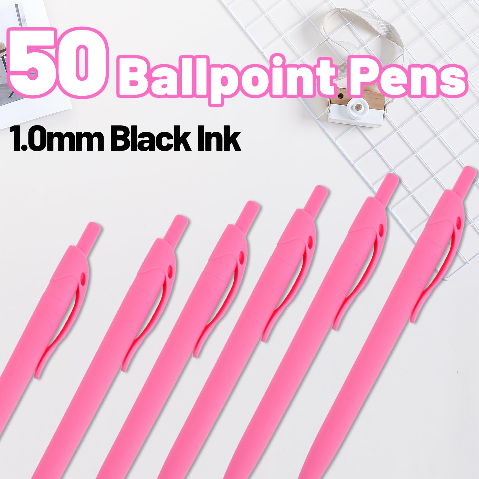 Wiaziert BallPoint Pens, 50 Pack (BLACK Ink),Bulk Pens, Pink Barrel,Click Pens for Office Home and