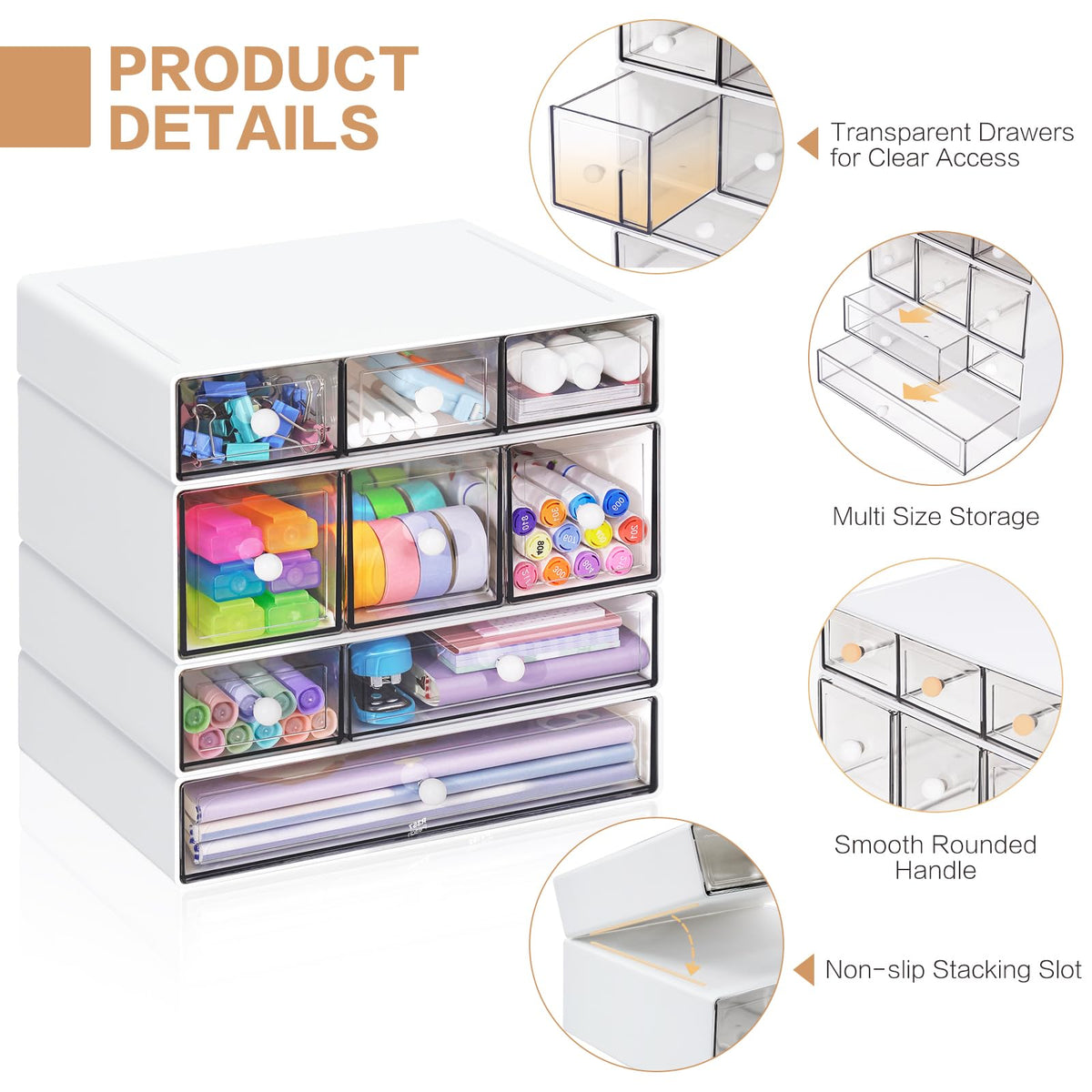 FODIENS Desk Storage Organizer with 9 Drawers, 4 Tiers Stackable Desktop Craft Storage Drawers