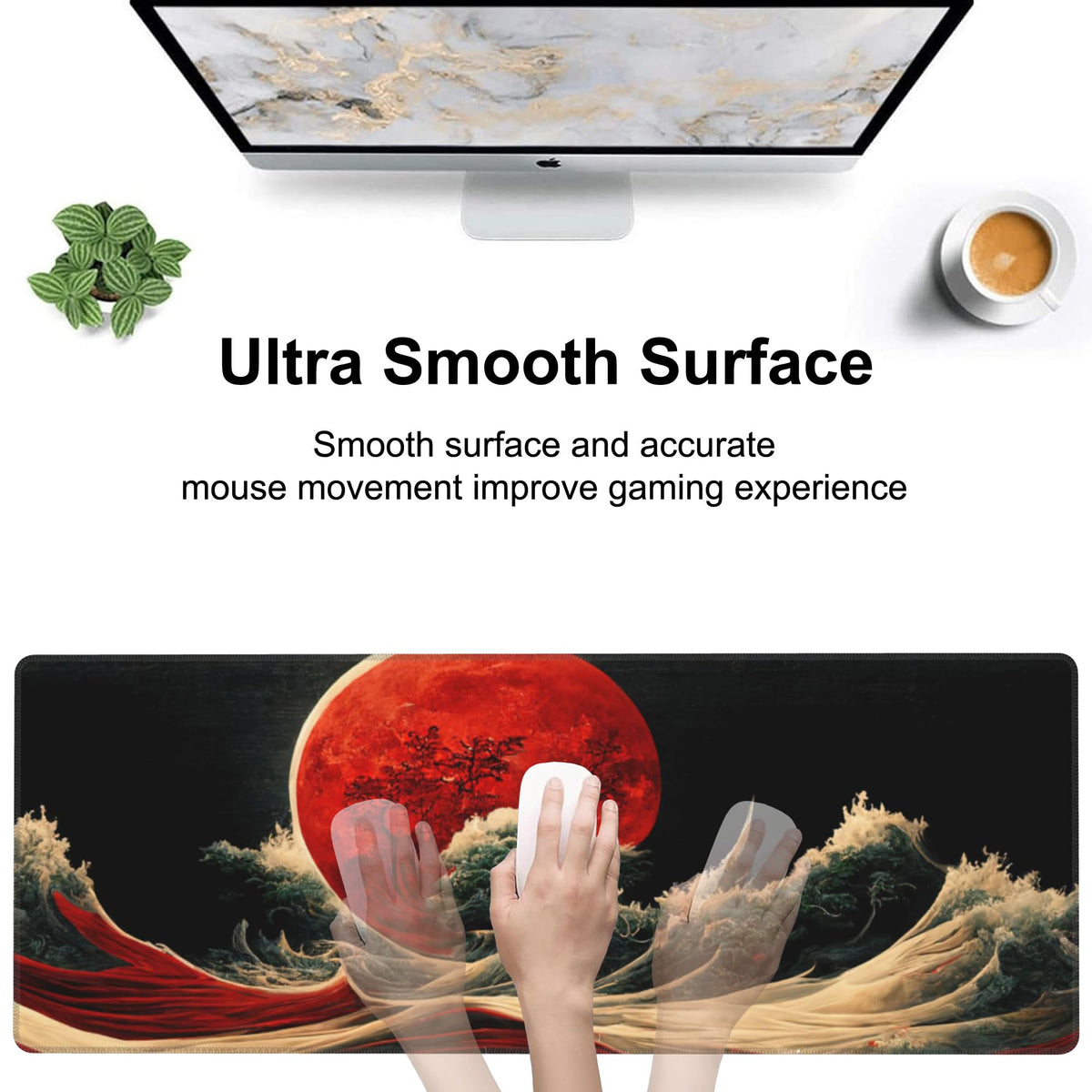 Red Moon Above The Sea Desk Mat,Large Chinese Style Landscape Gaming Keyboard Mouse Pad,Non-Slip