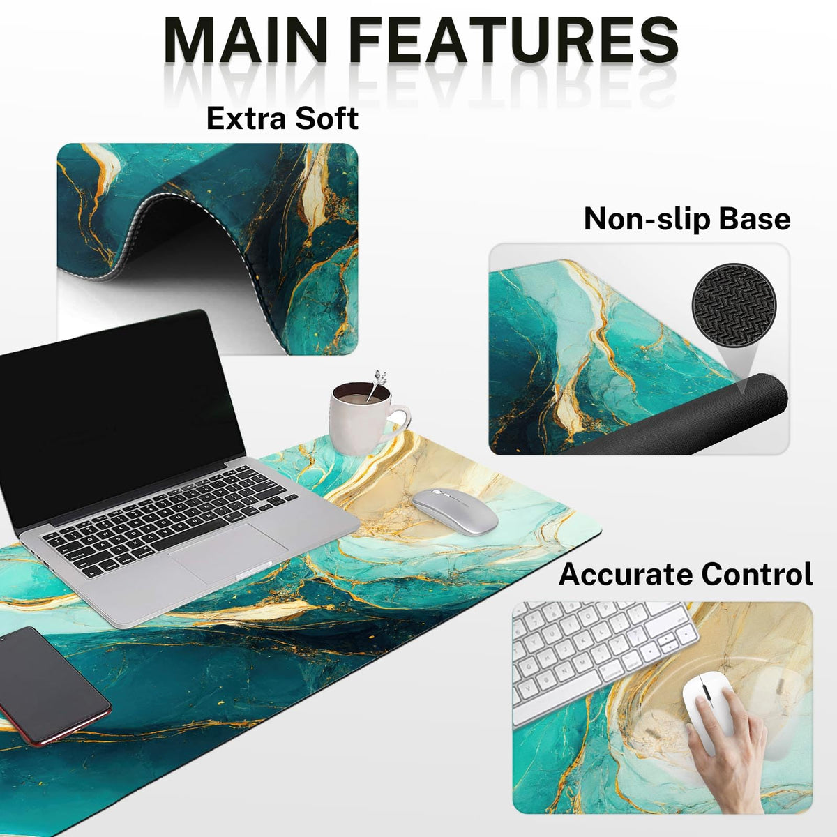 Britimes Keyboard Mouse Pad Set, 4 in 1 Desk Mat Set, Marble Green