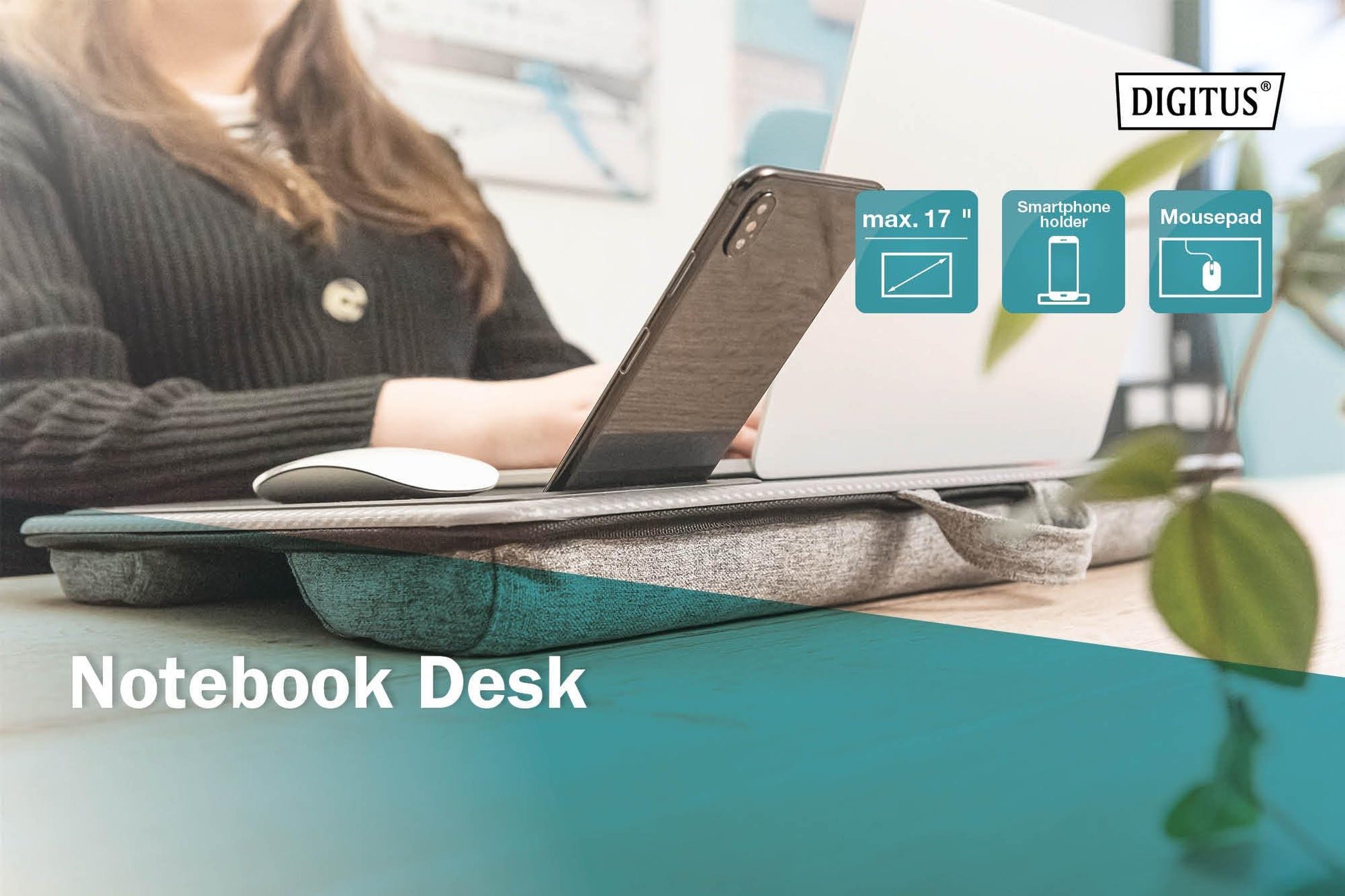 DIGITUS Notebook Desk/Workstation, 17 Inch, Mobile Phone Slot, Mouse Pad