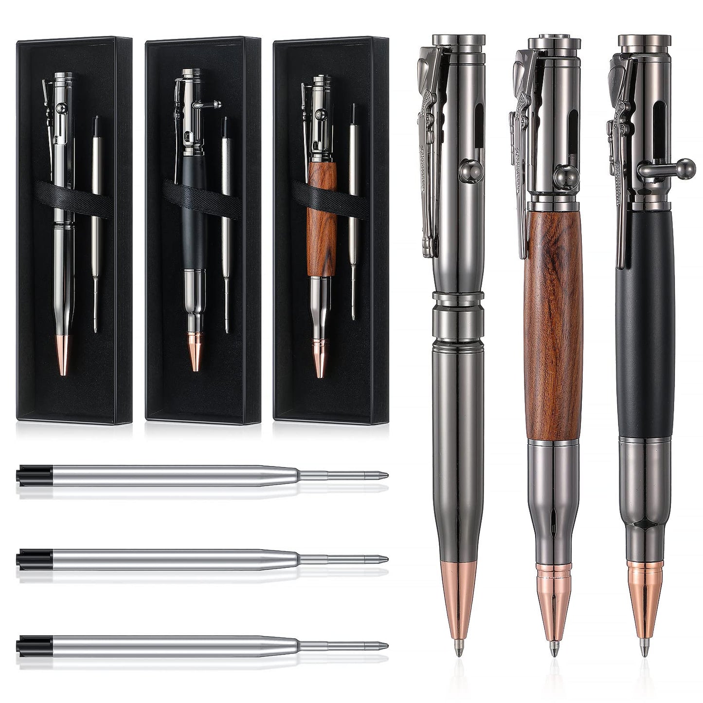 Crtiin 3 Sets Bolt Bullet Pens for Men, Wood Gray Black