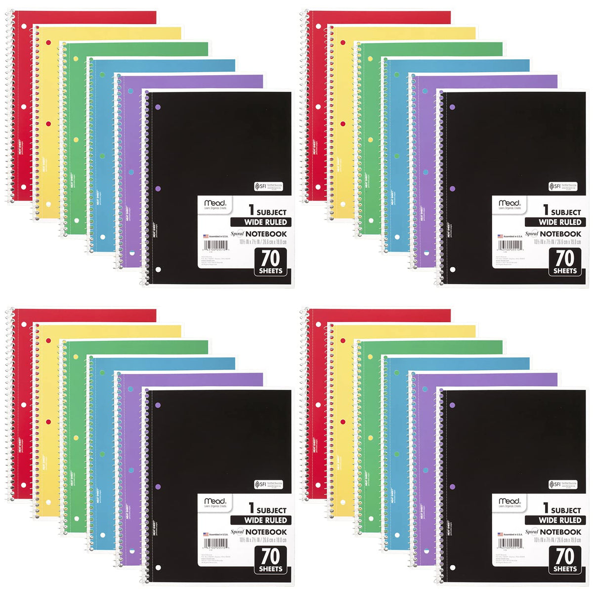 Mead Spiral Notebook, 24 Pack, 1 Subject, Wide Ruled Paper, 7-1/2" x 10-1/2", 70 Sheets per
