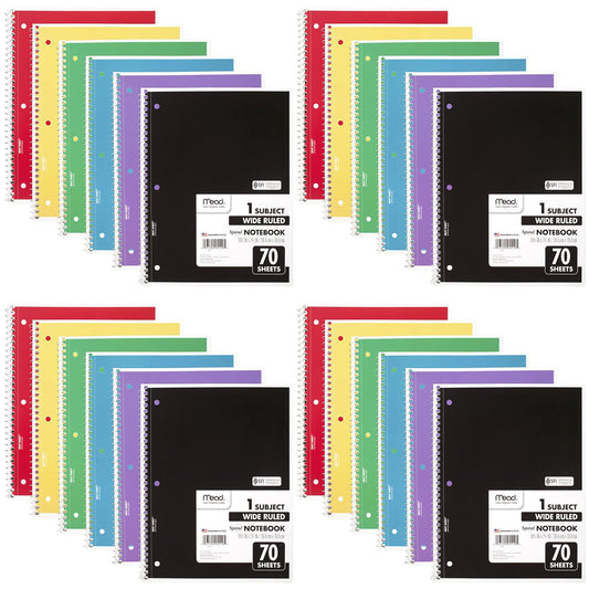 Mead Spiral Notebook, 24 Pack, 1 Subject, Wide Ruled Paper, 7-1/2" x 10-1/2", 70 Sheets per