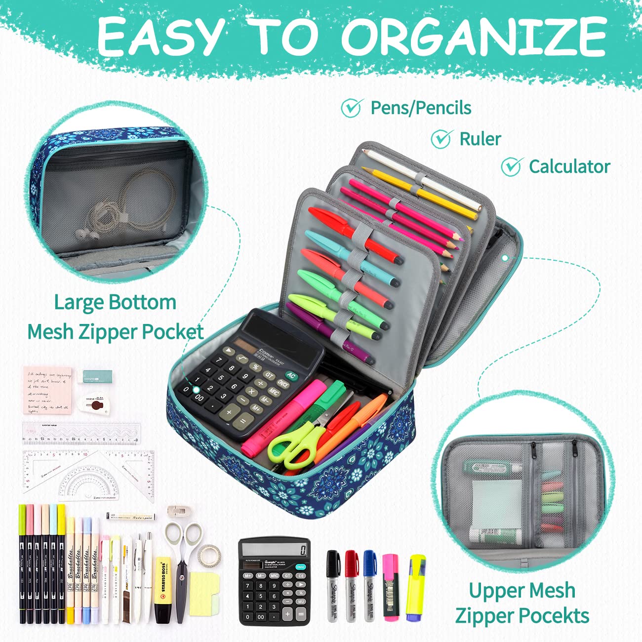 VASCHY Large Pencil Case Bag, Art Supply Marker Organizer Big Pen Pouch with 3 Detachable Layers