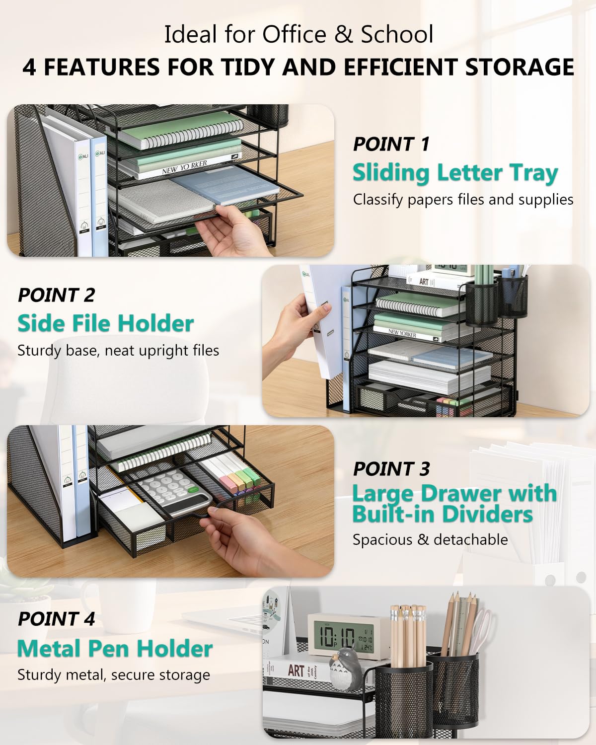 WALI Desk File Organizer, 6 Tier Desktop Paper Letter Tray Organizer with Drawer and 2 Pen Holders