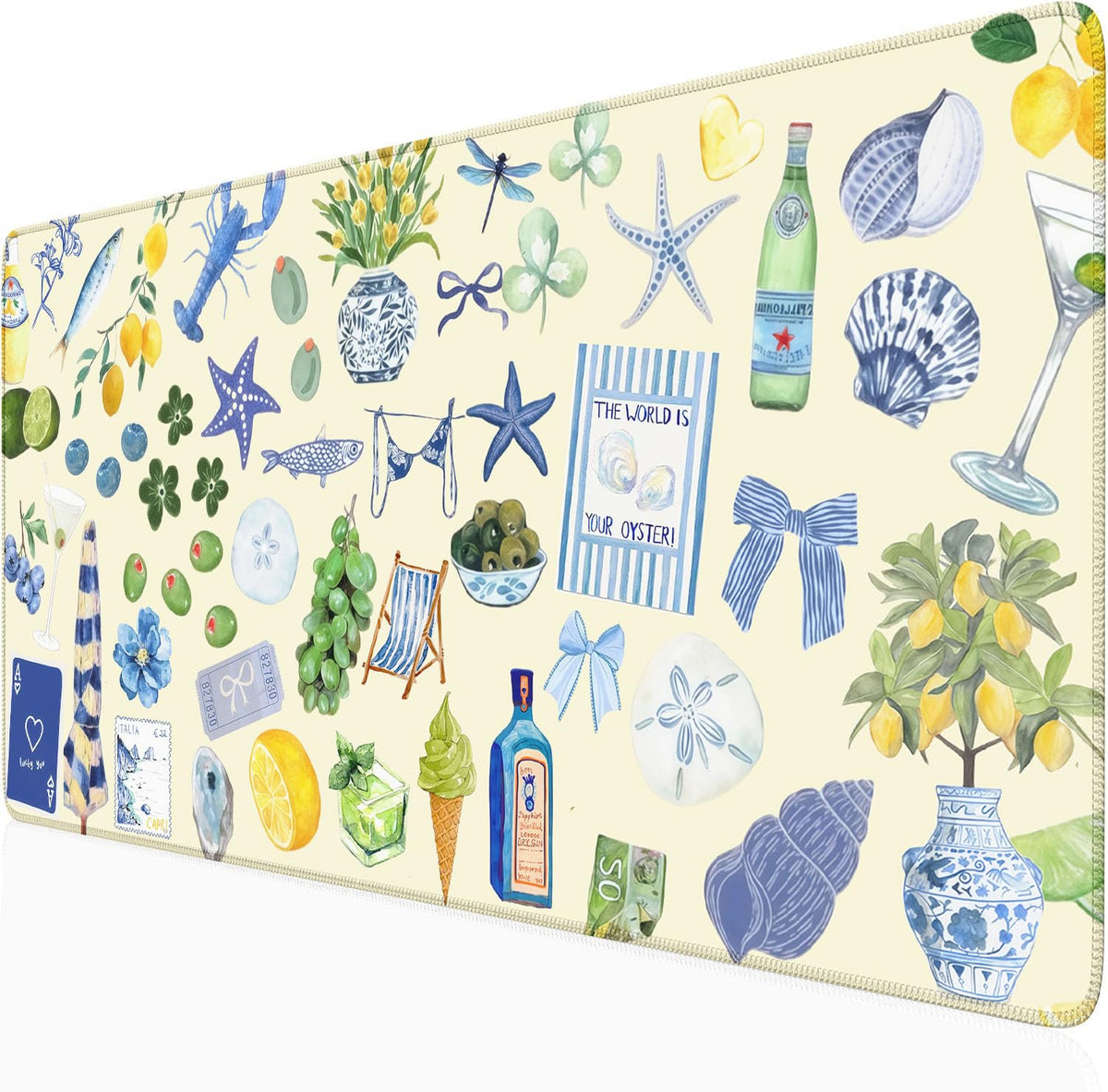 Nasdalgias Cute Pastel Coastal Desk Mat with Vibrant Sea Life Beige Large Mouse Pad Cozy Aesthetic