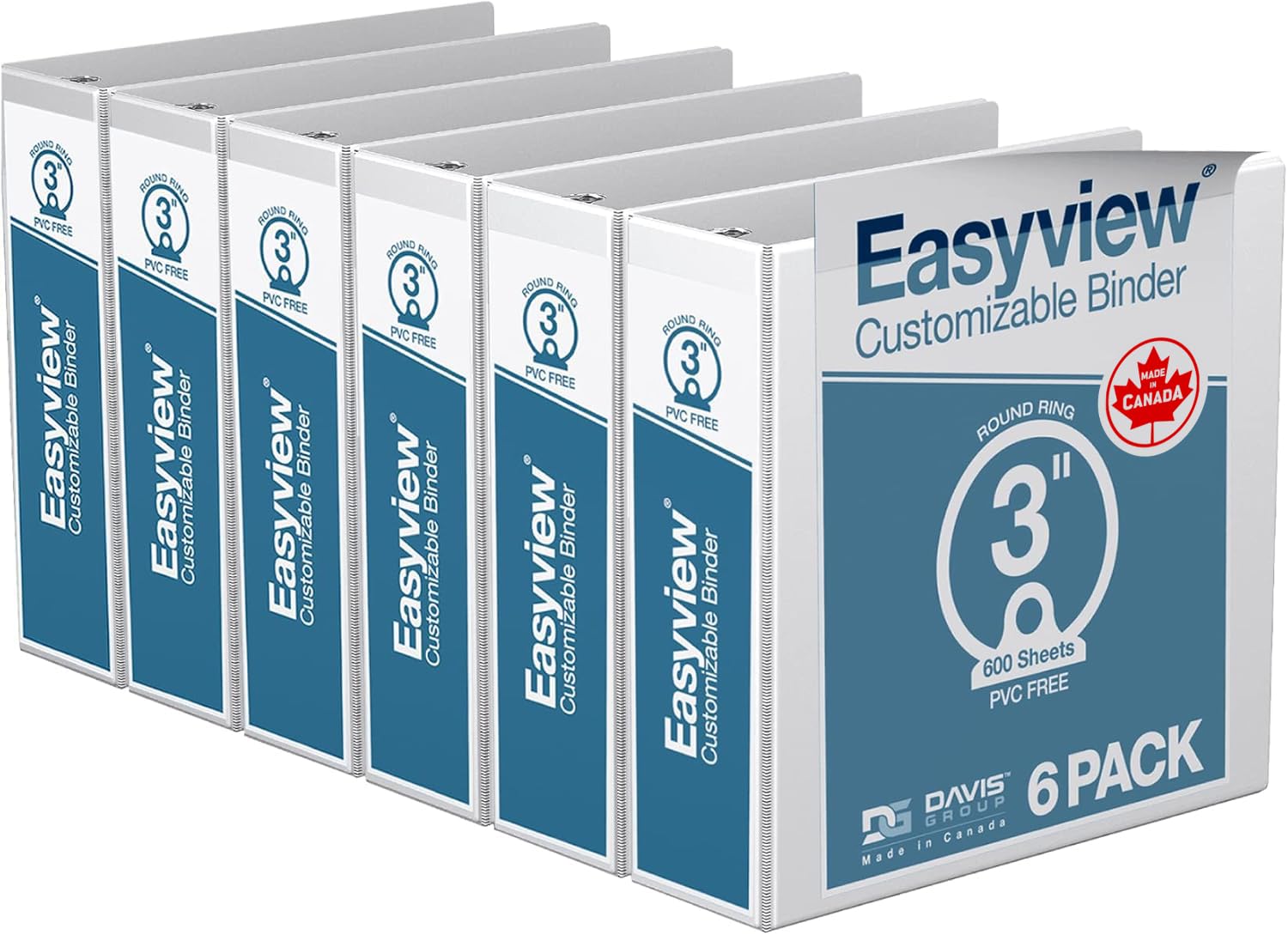 Easyview 3-Ring Binder, Clear-View Cover, 3" Round Rings, White, 6 Pack