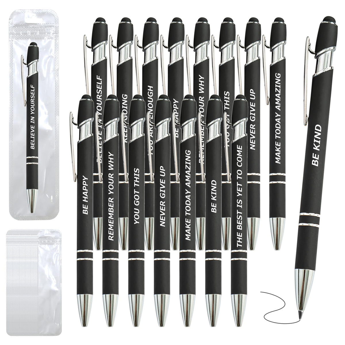 60 Piece Inspirational Pens Kit with Stylus Tip & Sayings – 30 Motivational Pen + 30 Individual