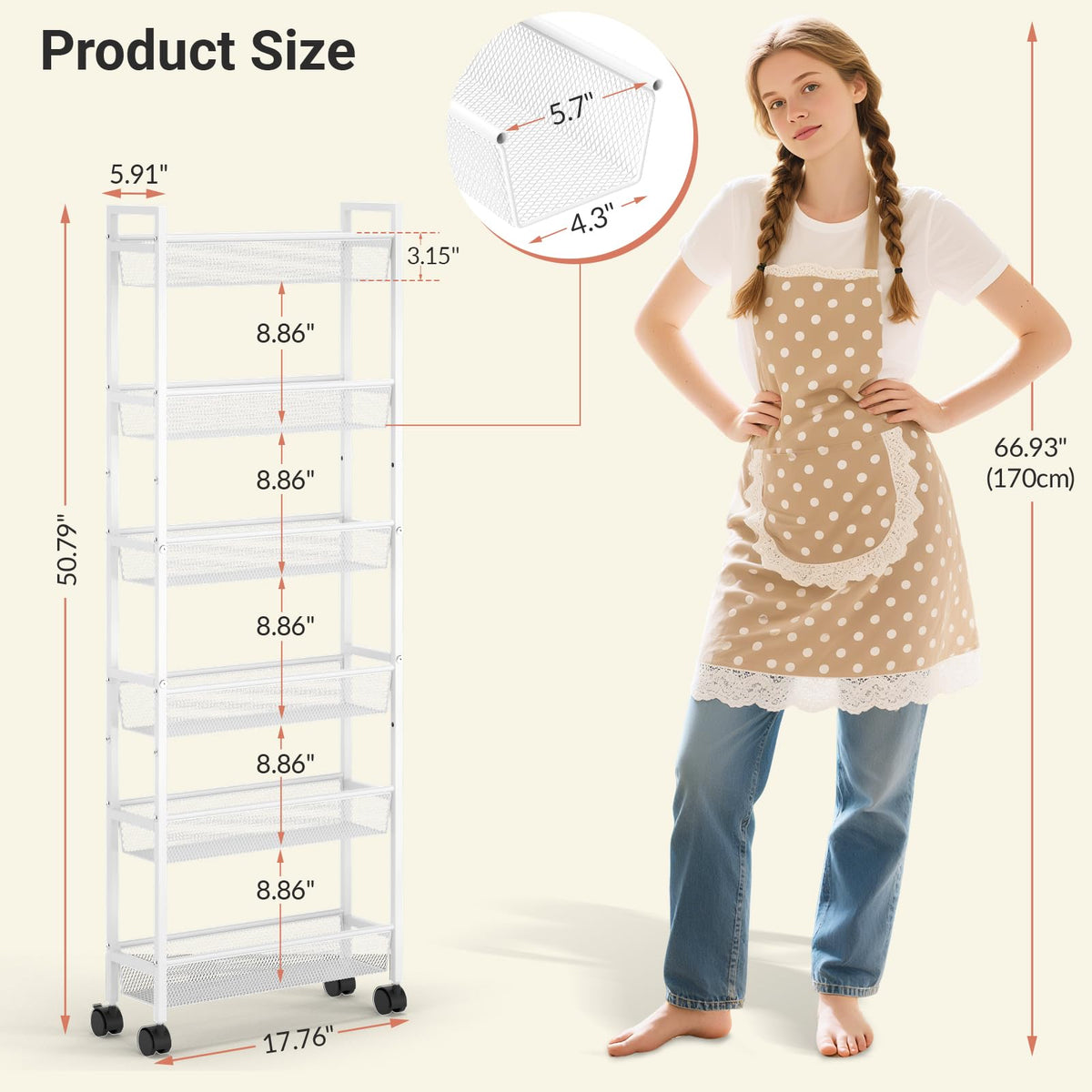 ThreeHio 6 Tier Slim Storage Cart, Narrow Cart with Wheels, Metal Mobile Shelving Unit Organizer