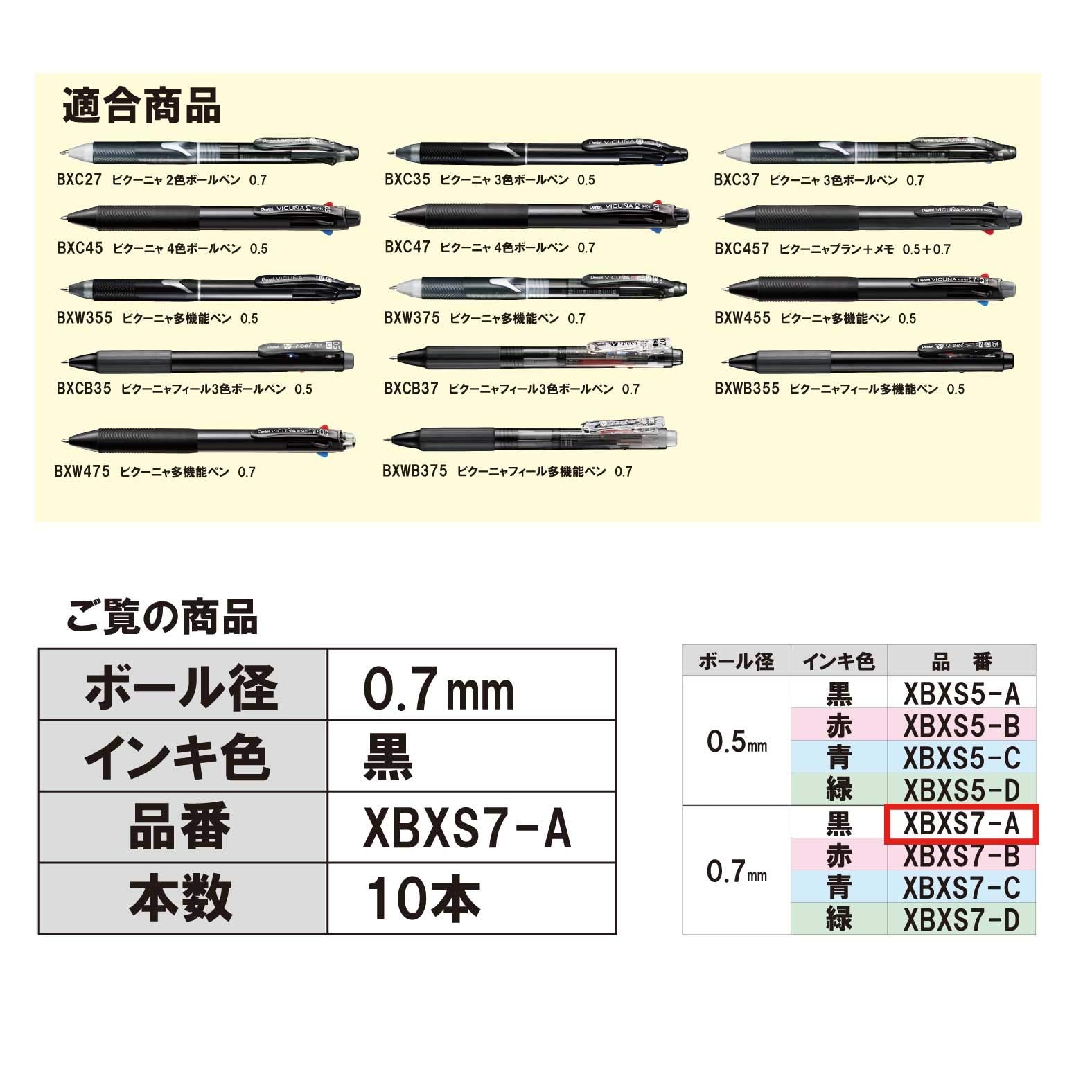 Pentel Vicuna XBXS7-A Multi-Functional Ballpoint Pen Refill, 0.03 inches (0.7 mm), Black, 10 Pieces