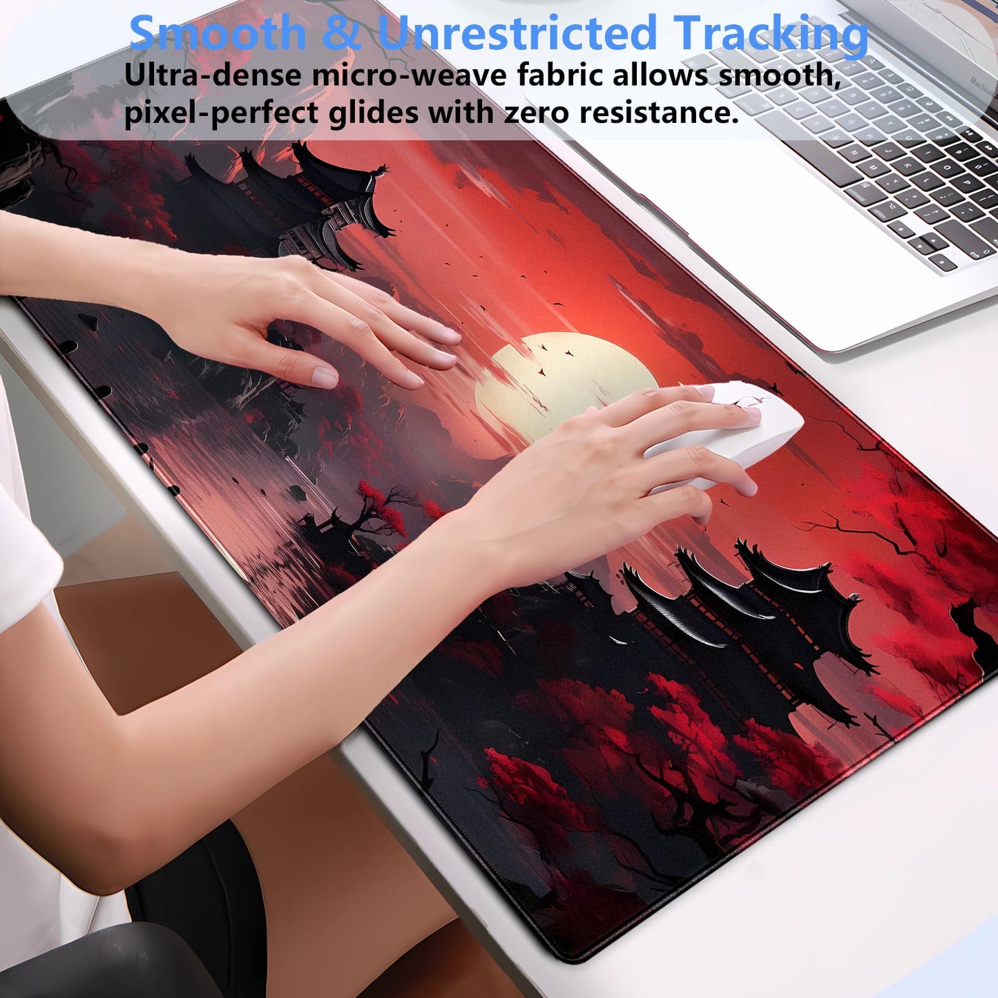 Japanese Pagoda Desk Mat, Red Sunset Large Gaming Mouse Pad 31.5x15.7 in