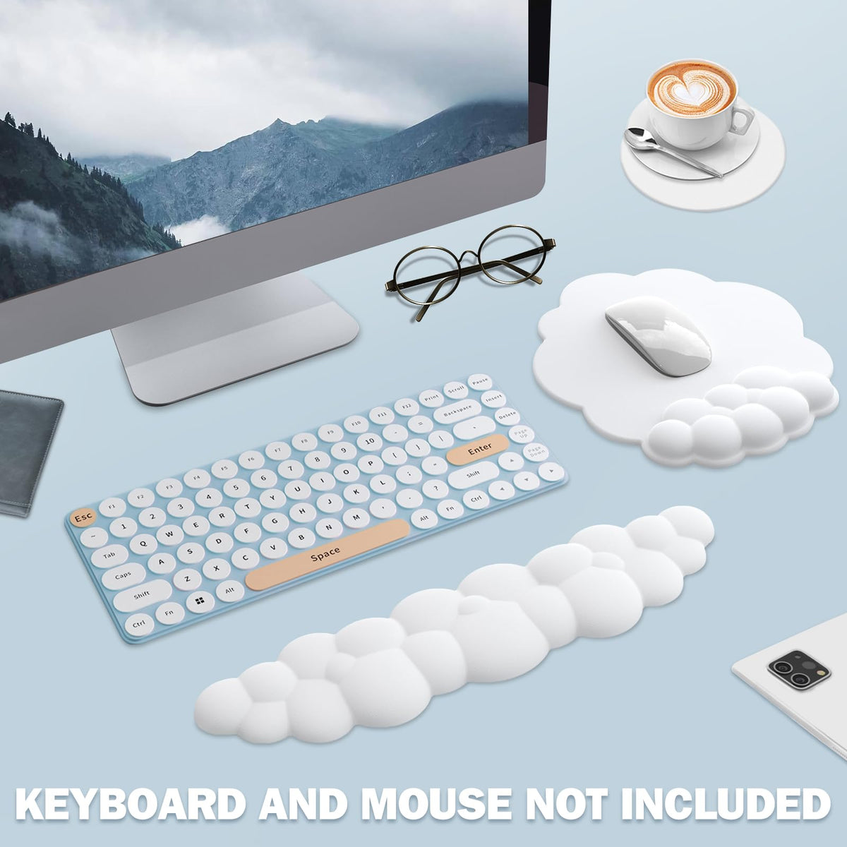Lauspuck Cloud Keyboard Wrist Rest and Mouse Pad with Wrist Support Set, Ergonomic PU Leather Mouse