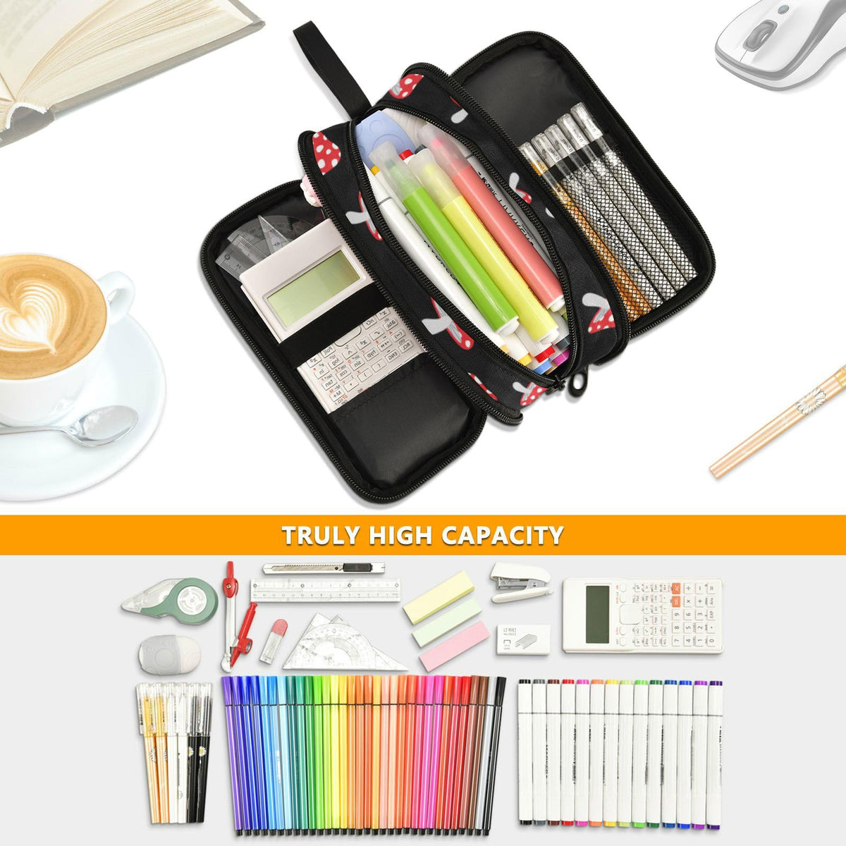 Sletend Pencil Case Mushroom Cartoon 3 Compartments Pencil Pouch