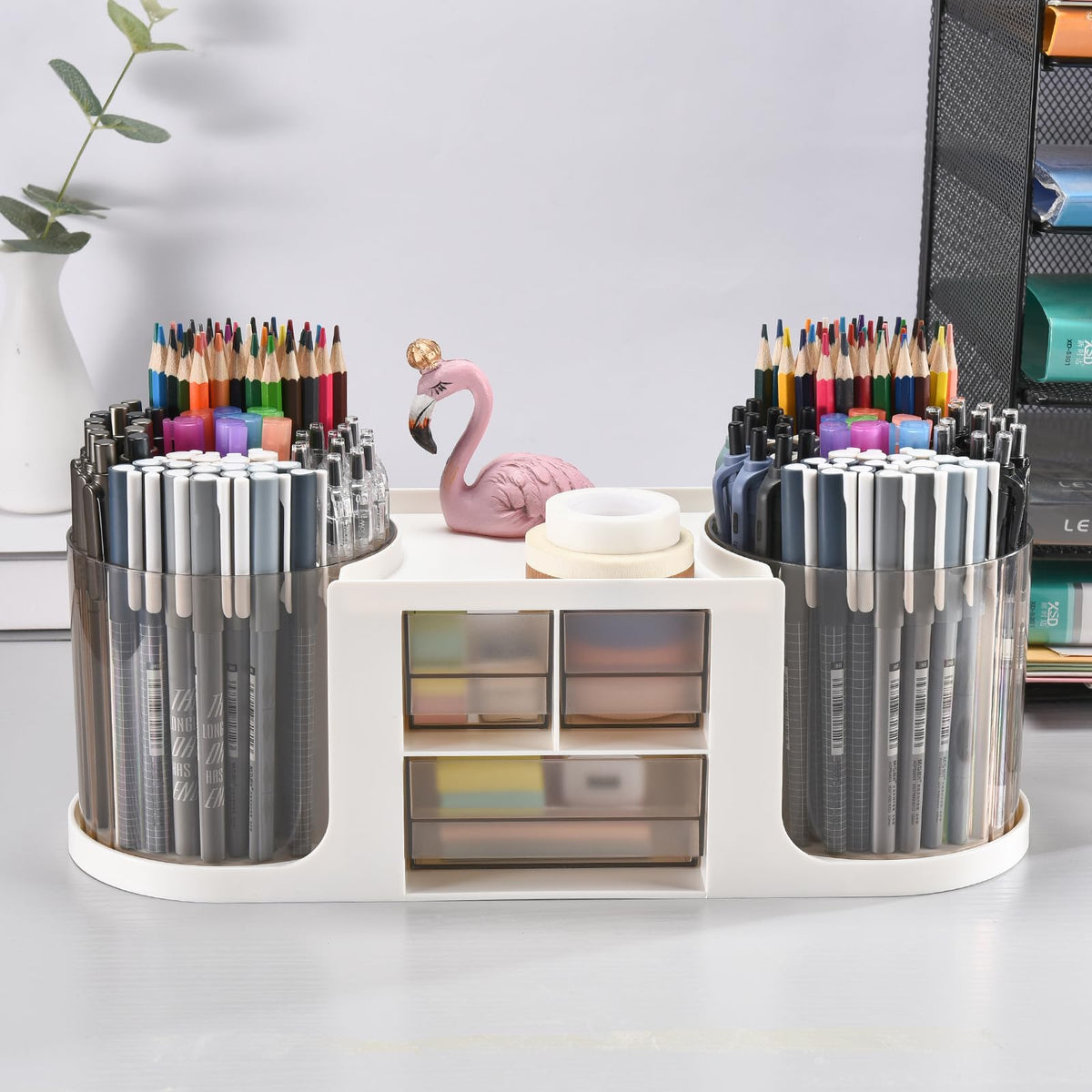KLIONGO Rotating Desk Organizer with 2 Pen Holder, Desk Organizers and Accessories with 10 Slots