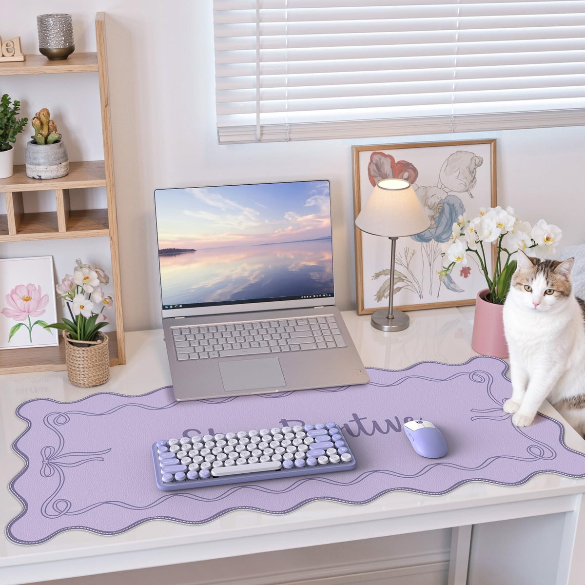 iCasso Purple Office Decor for Women, Scalloped Desk Cover Mat, Large Mouse Pad, Leather Waterproof