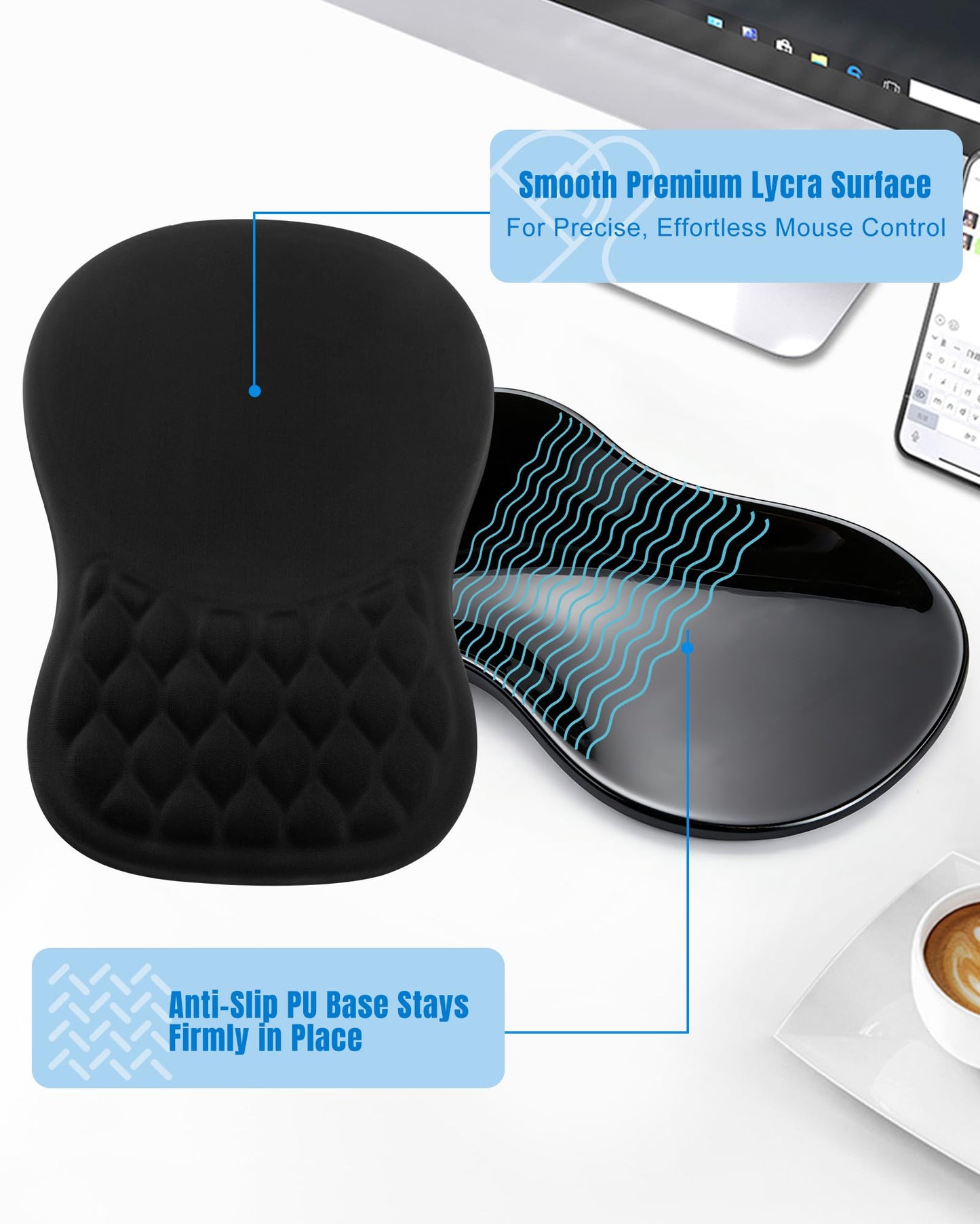 PVIPCZ Ergonomic Mouse Pad with Sloped Memory Foam Wrist Rest (Black)