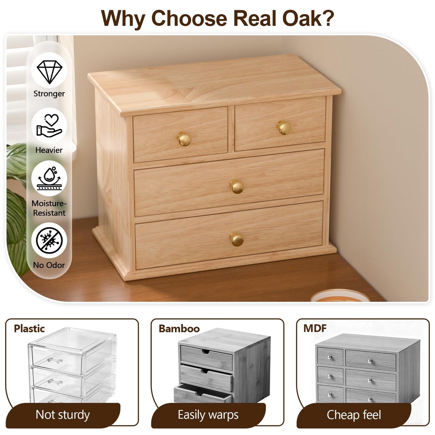 Oak Desk Organizer with Drawers, Durable Wooden Desktop Storage Box