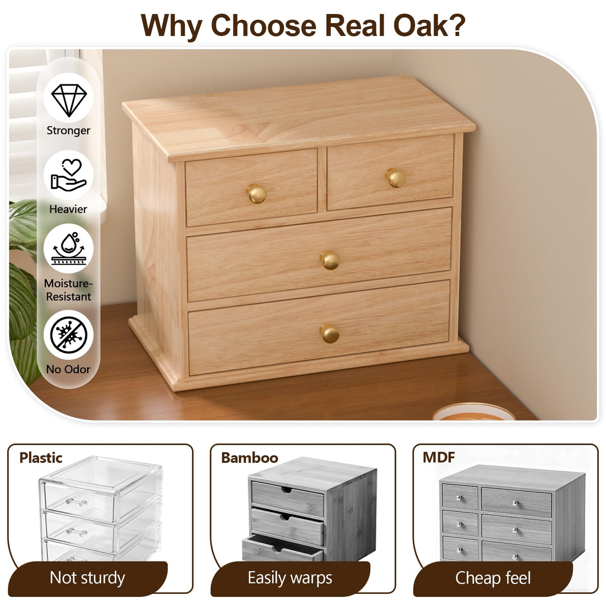 Oak Desk Organizer with Drawers, Durable Wooden Desktop Storage Box