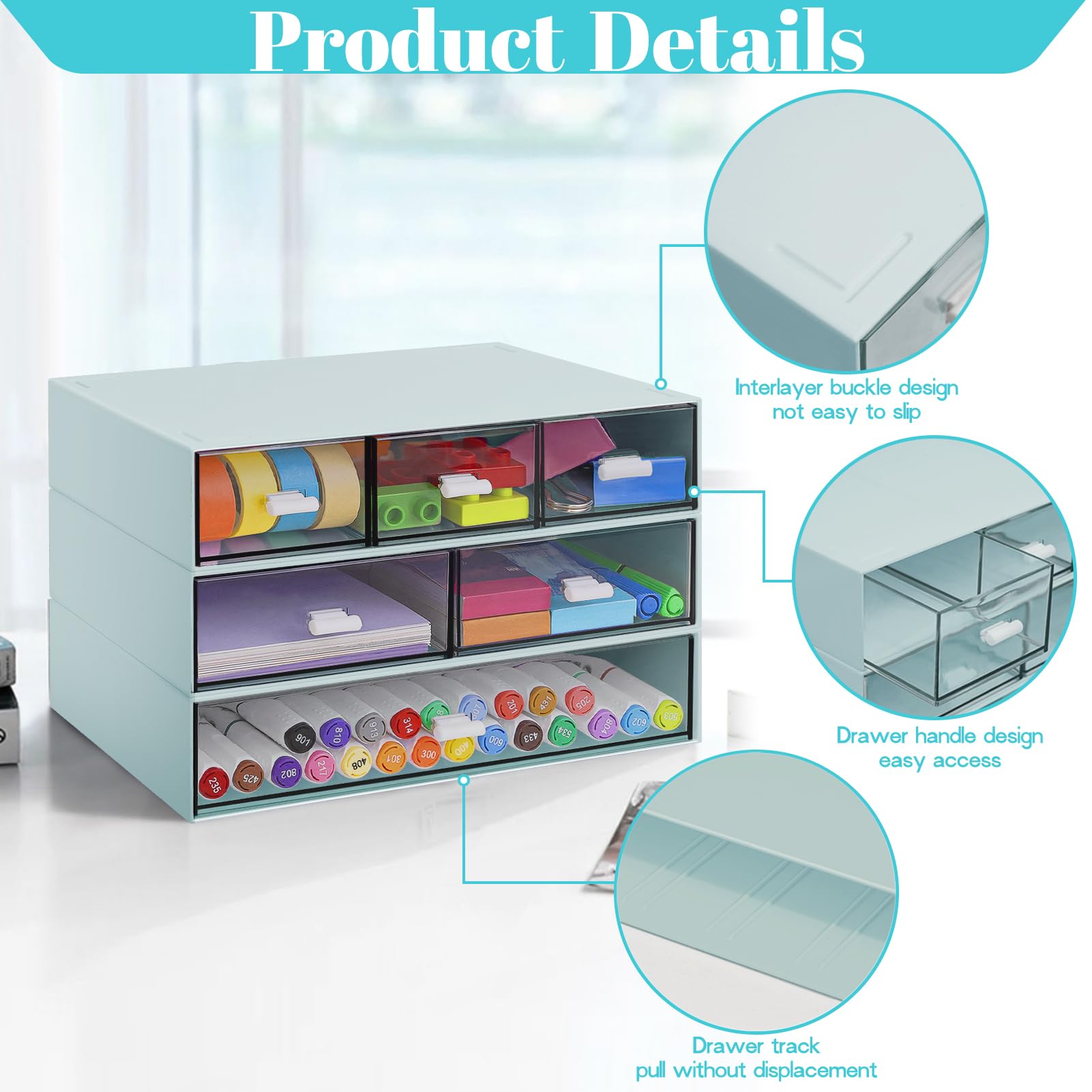 3 Tier Stackable Desk Organizer with 6 Drawers, YOCOMEY Plastic Desktop Storage Box Drawers