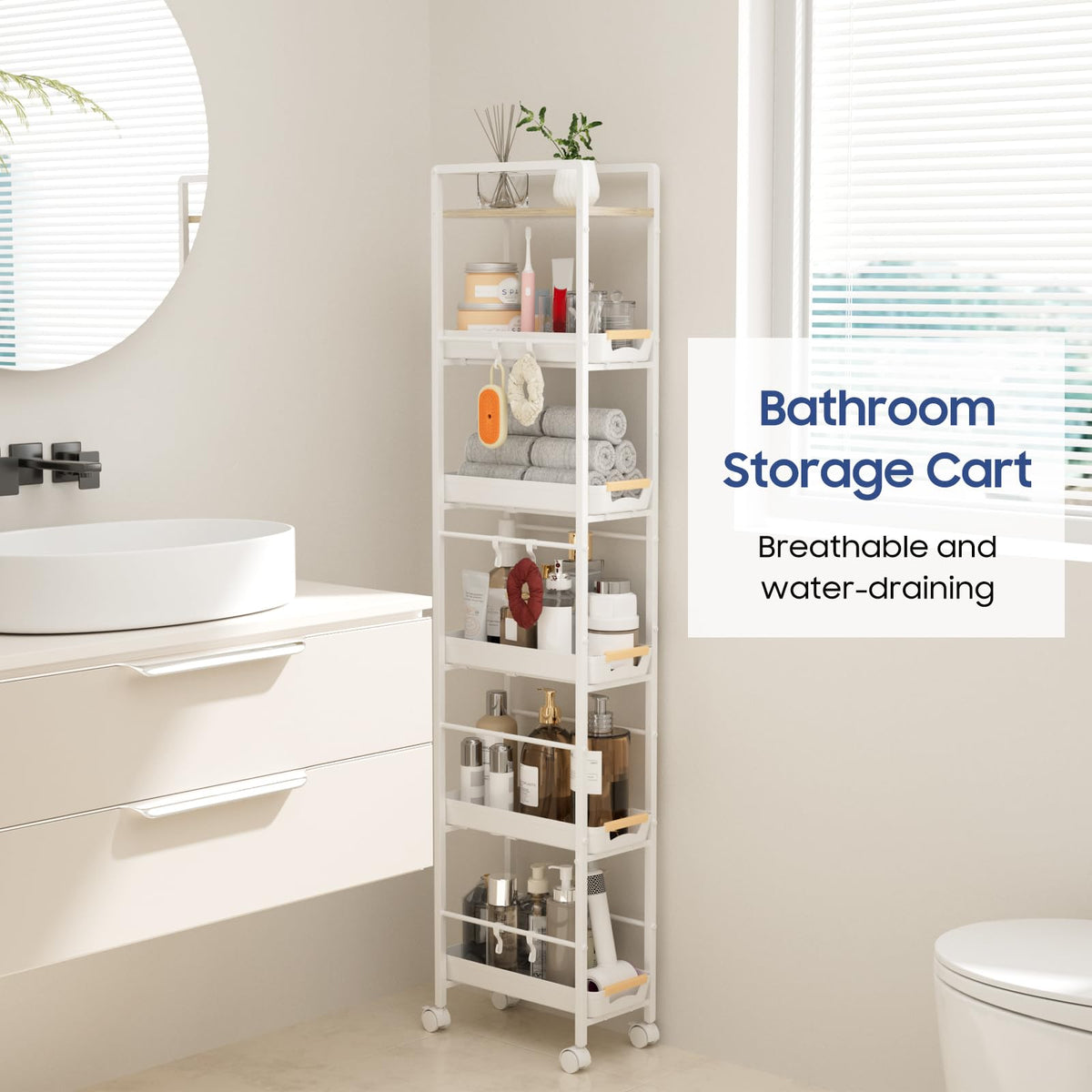 MAYBOSS 6 Tier Slim Storage Cart with Pull-Out Baskets Rolling Cart with Wheels Wood Top Narrow