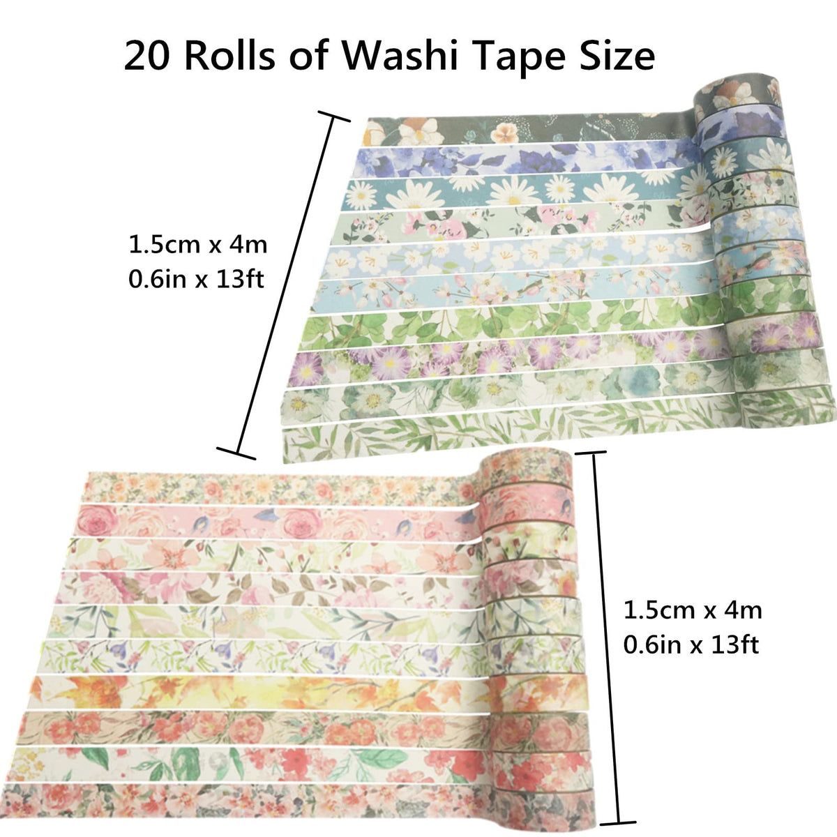 Esweny Floral Washi Tape Set 20 Rolls 15mm Wide Flower Decorative Paper Tapes for Scrapbooking