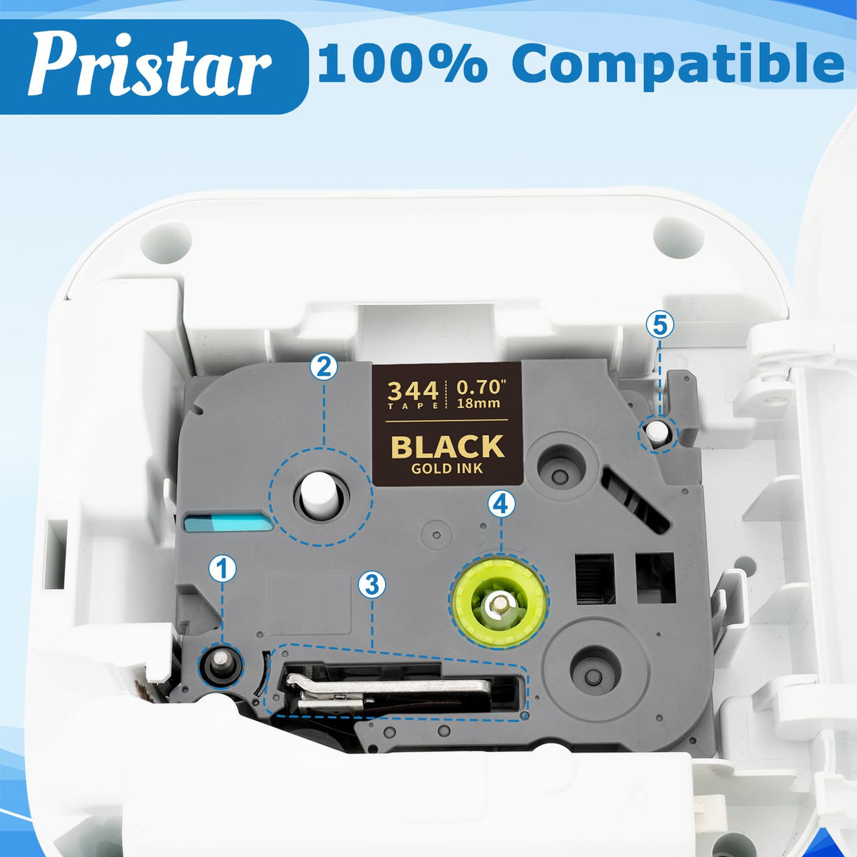 Pristar 18mm 0.7 Laminated TZ Tape TZe-344 TZe344 Gold on Black Label Tape