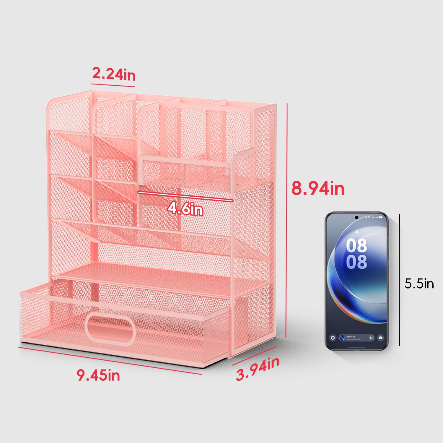 ReePlan Mesh Pen Organizer for Desk, 13 Compartments with Drawer, Pink