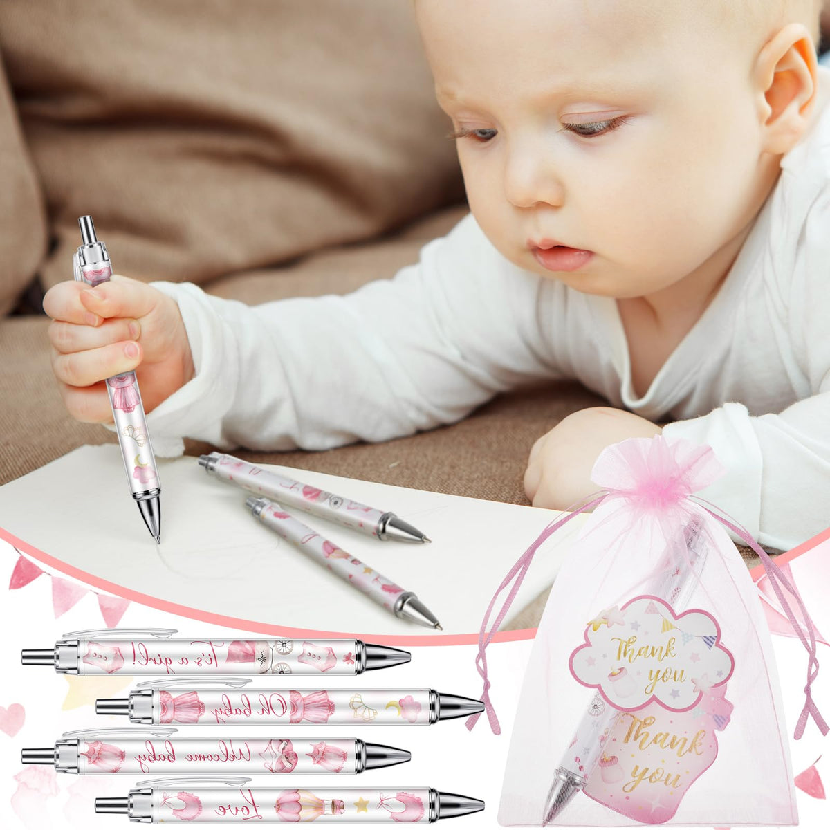 Chuangdi 50 Sets Pink Baby Shower Favors for Guests – 50 Ballpoint Pens with Organza Gift Bags &
