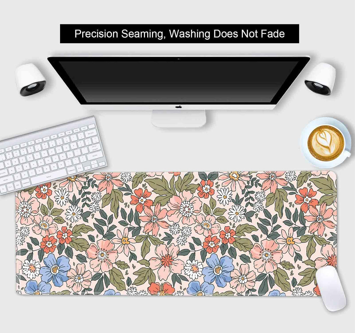 SXCKANG Pink Blue Floral Desk Mat Cute, XL Green Leaf Flowers Extended Mousepad, Non-Slip Rubber