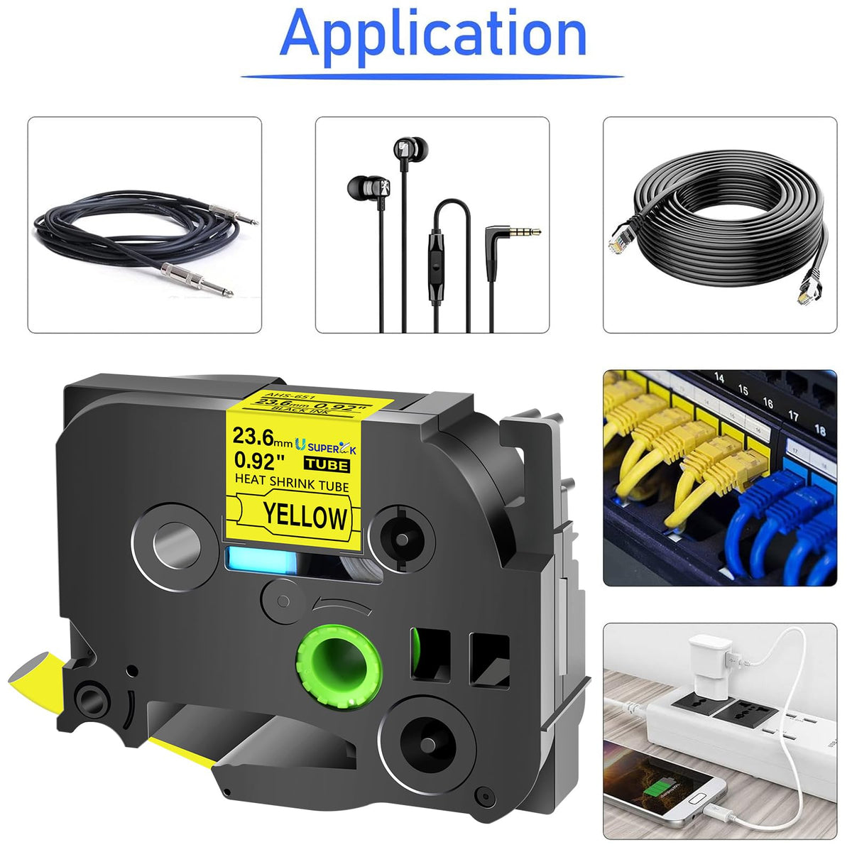 USUPERINK 2PK Compatible for Brother P-Touch HSe-651 HSe651 HS-651 HS651 Black on Yellow 23.6mm