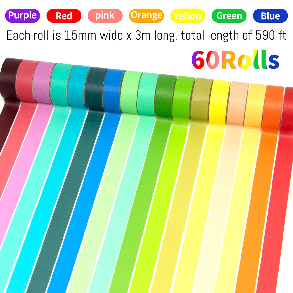 WAPETASHI 60 Rolls Washi Tape Set - 15mm Rainbow Colored Masking Tape, Decorative Tape for Bullet