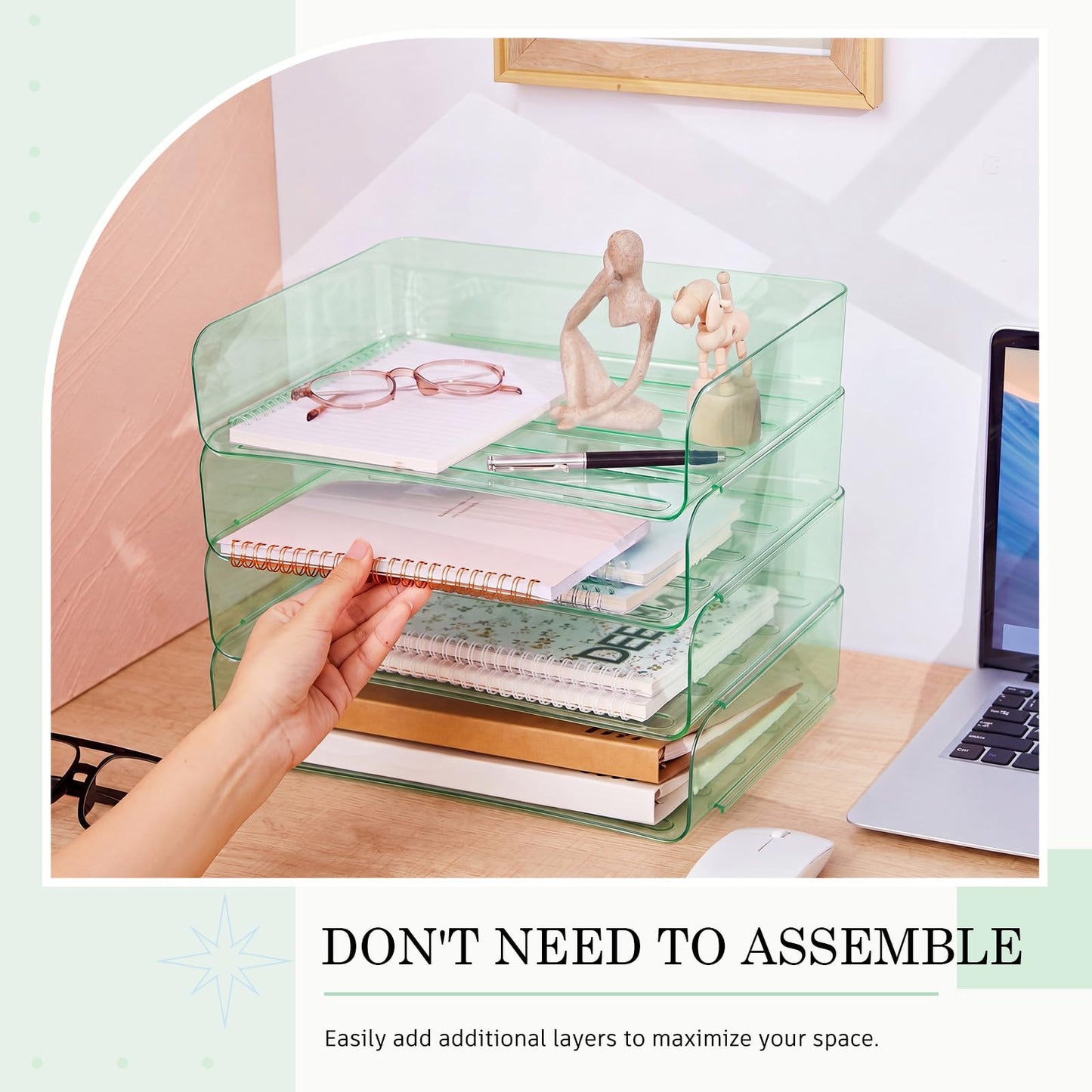 Harloon 4 Tier Clear Sage Green Acrylic Paper Organizer Letter Tray, Aesthetic Stackable Desk File