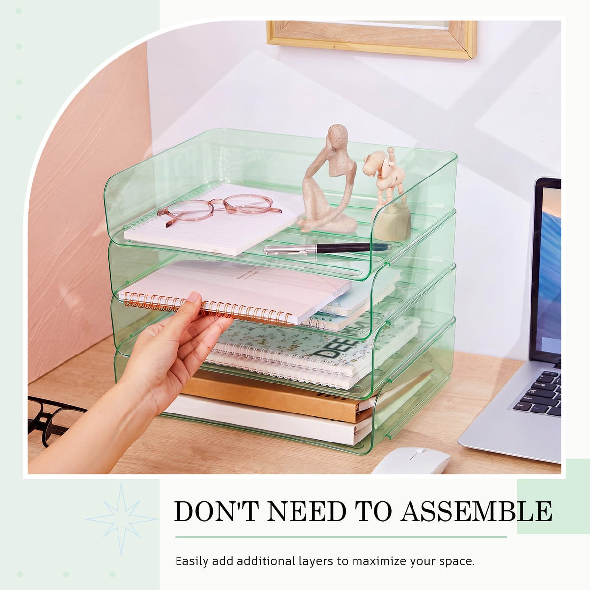 Harloon 4 Tier Clear Sage Green Acrylic Paper Organizer Letter Tray, Aesthetic Stackable Desk File