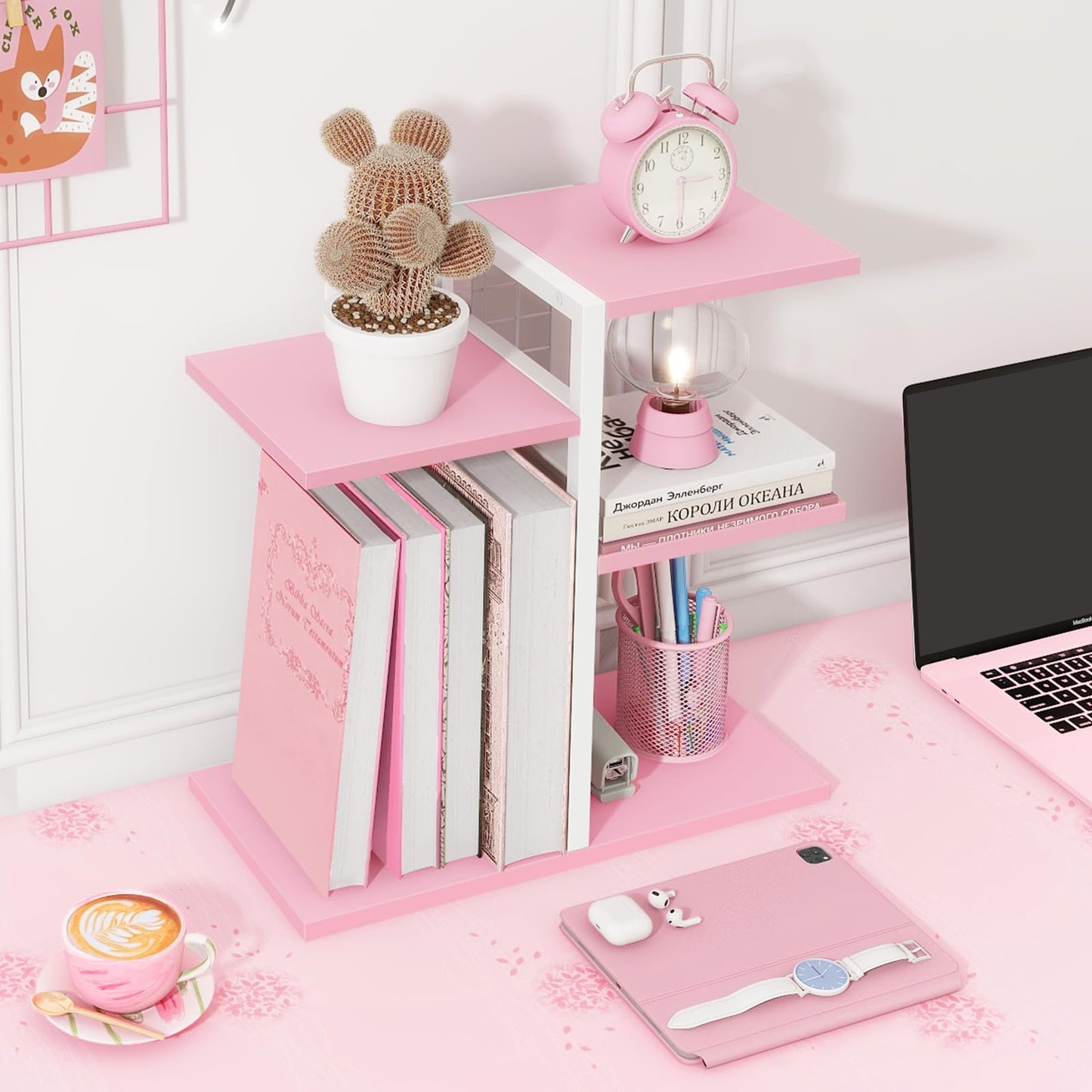 ELITEROO Desktop Bookshelf, Tiered Desk Organizer Shelf, Wooden Tabletop Bookshelf Small Desk Book
