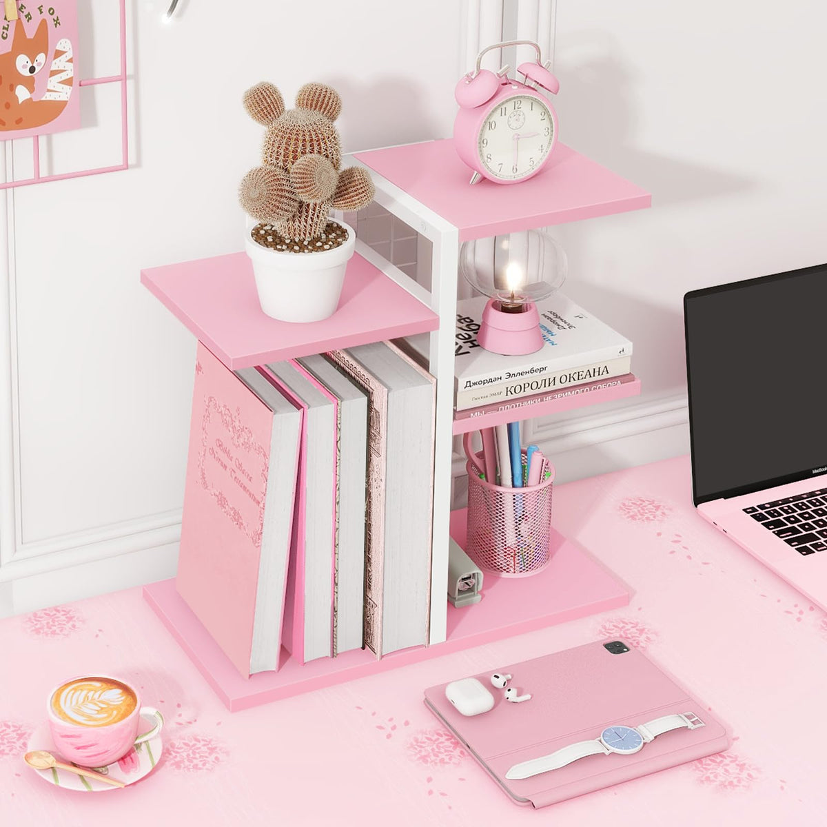 ELITEROO Desktop Bookshelf, Tiered Desk Organizer Shelf, Wooden Tabletop Bookshelf Small Desk Book
