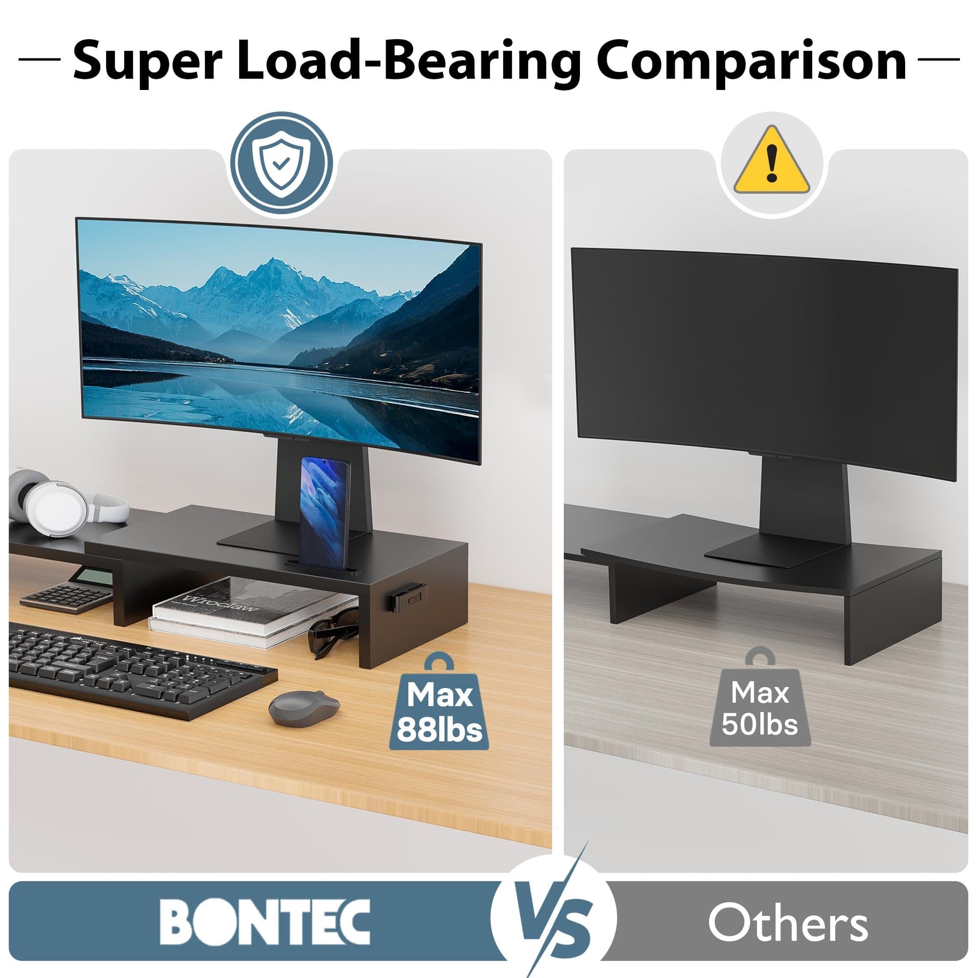 BONTEC Dual Monitor Stand Riser, Adjustable Length & Swivel Angle, Black